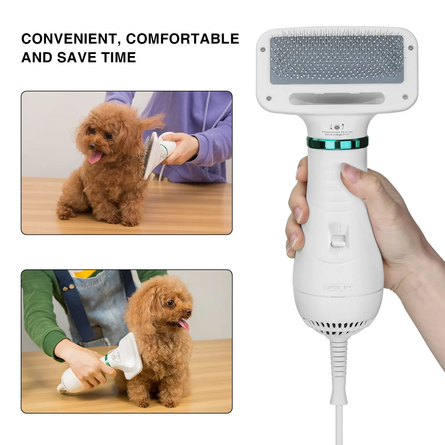 2-in-1 Pet Hair Dryer Blower Slicker Brush Portable Dog Cat Grooming Low Noise