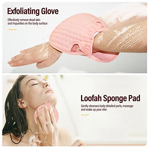 2 Pack 36.5 Inch Long Loofah Back Scrubber Set with Exfoliating Glove and Sponge Pad for Women and Men, Beige & Pink
