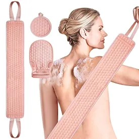 2 Pack 36.5 Inch Long Loofah Back Scrubber Set with Exfoliating Glove and Sponge Pad for Women and Men, Beige & Pink
