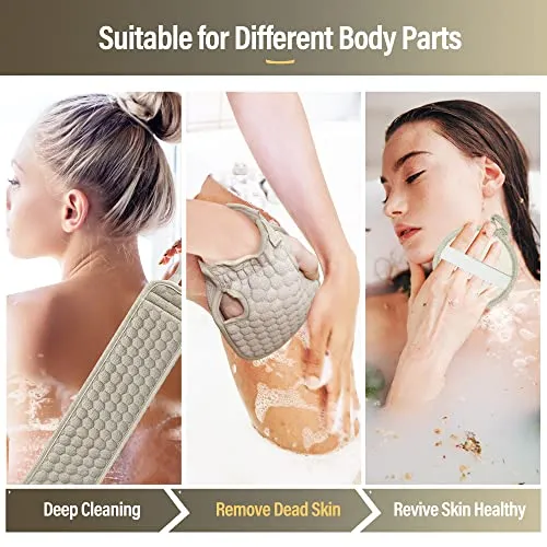 2 Pack 36.5 Inch Long Loofah Back Scrubber Set with Exfoliating Glove and Sponge Pad for Women and Men, Beige & Pink