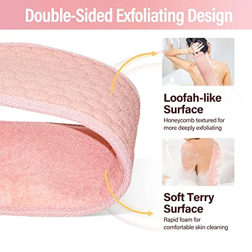 2 Pack 36.5 Inch Long Loofah Back Scrubber Set with Exfoliating Glove and Sponge Pad for Women and Men, Beige & Pink