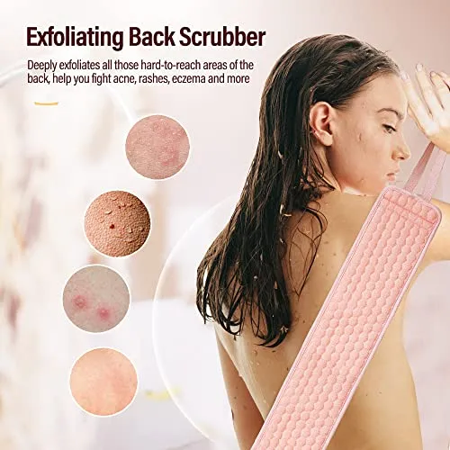 2 Pack 36.5 Inch Long Loofah Back Scrubber Set with Exfoliating Glove and Sponge Pad for Women and Men, Beige & Pink