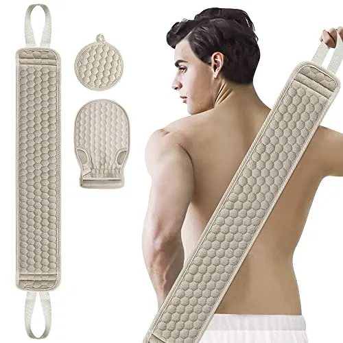 2 Pack 36.5 Inch Long Loofah Back Scrubber Set with Exfoliating Glove and Sponge Pad for Women and Men, Beige & Pink