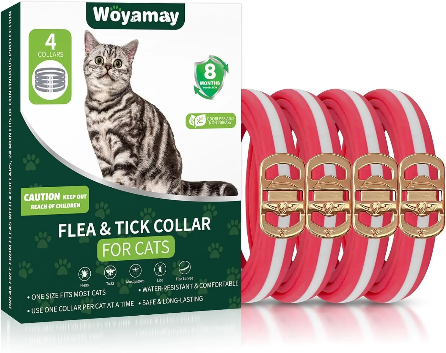 4 Pack Flea Collar for Cats, 32 Months Cat Flea and Tick Treatment, Flea and Tick Prevention for Cats Collar, Waterproof Flea and Tick Collars, Adjustable Cat Flea and Tick Collar, Red & White