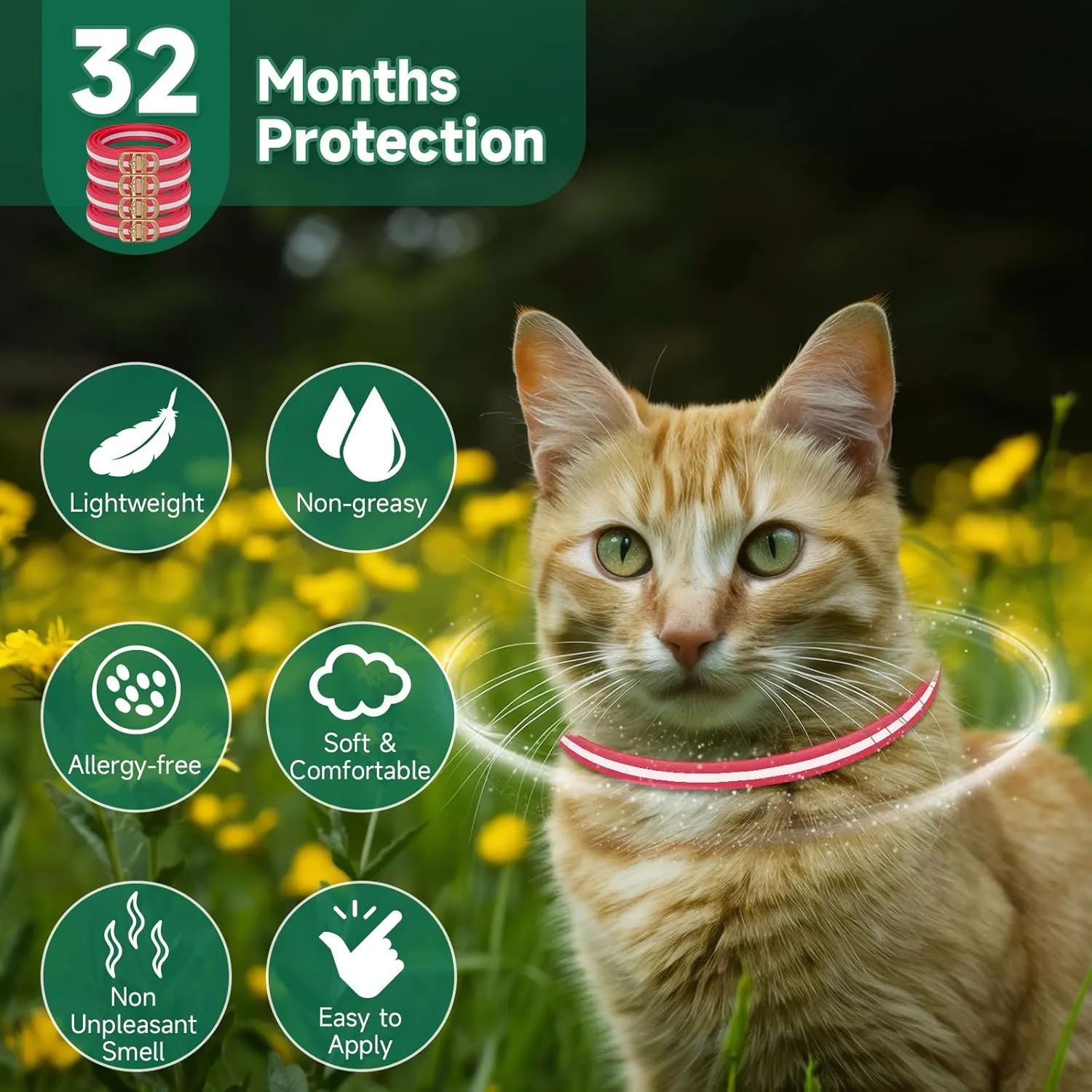 4 Pack Flea Collar for Cats, 32 Months Cat Flea and Tick Treatment, Flea and Tick Prevention for Cats Collar, Waterproof Flea and Tick Collars, Adjustable Cat Flea and Tick Collar, Red & White