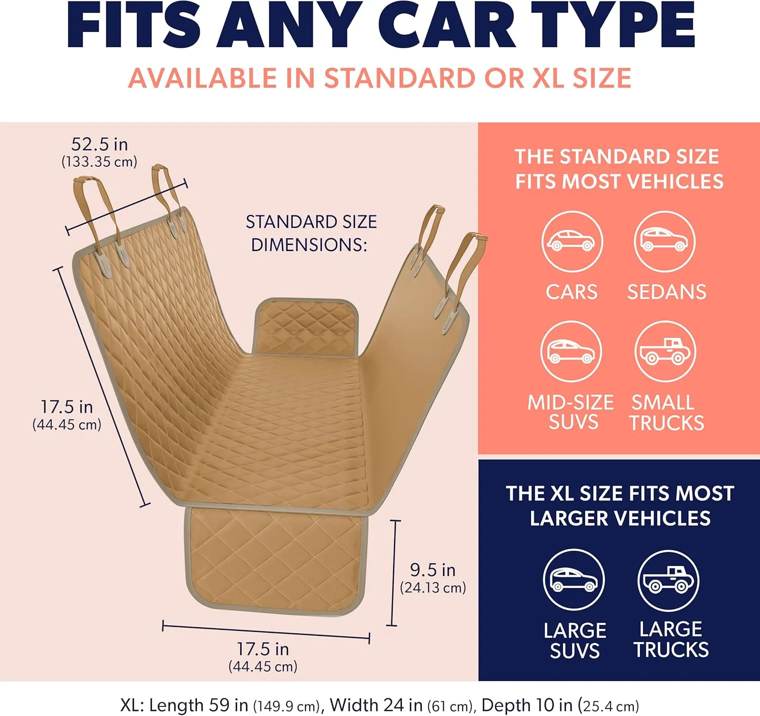 Active Pets Dog Car Seat Cover for Back Seat, Protector Dog Hammock for Car - Waterproof Pet Back Seat Cover for Trucks, Sedans & SUVs - Use with Chom Chom Roller Pet Hair Remover. Beige