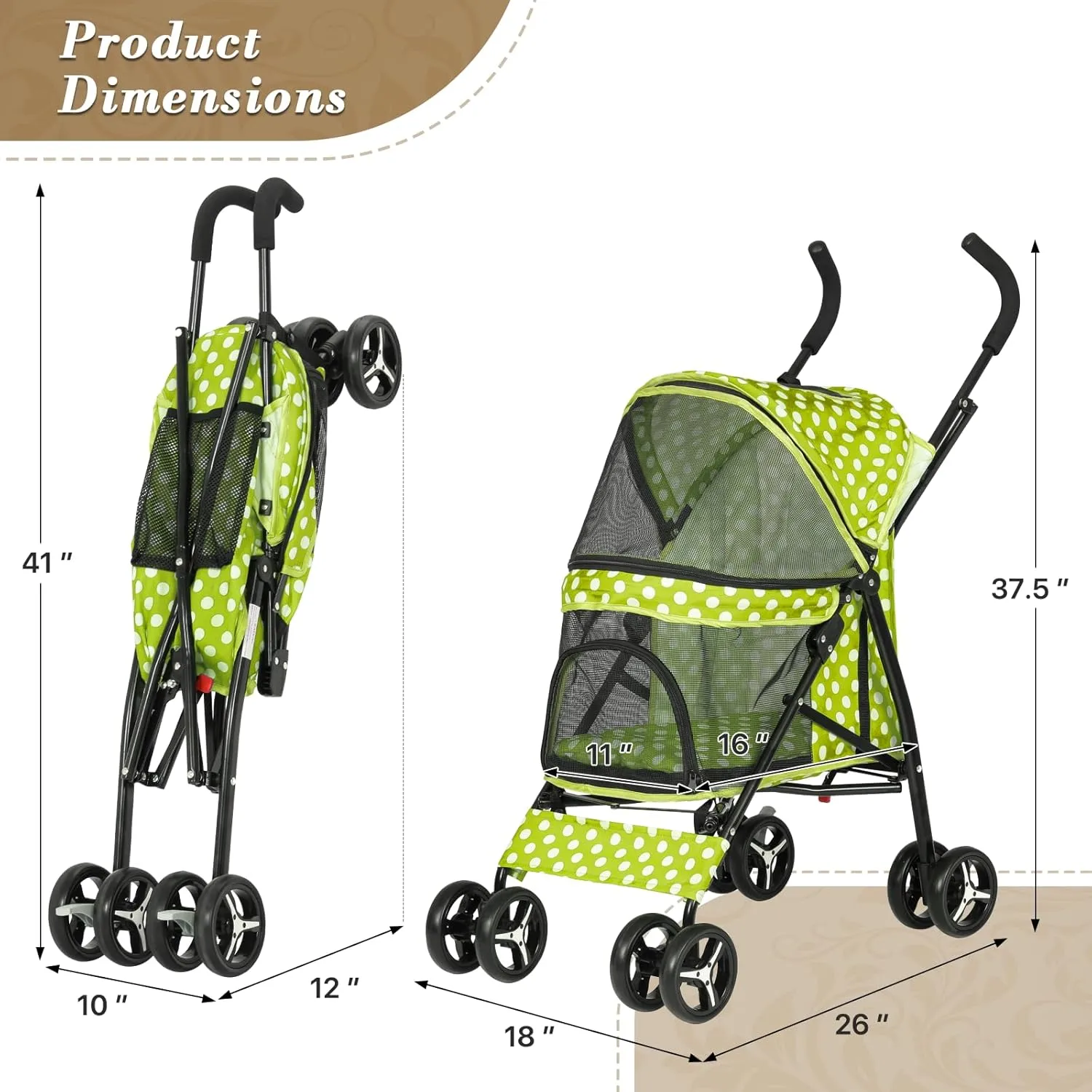 Athena Collection 4 Wheels Pet Stroller,Dog Stroller for Medium Dogs 22 Lbs Puppy Cat Stroller Pet Cart Pet Gear with Back Pocket, Sun Shade, Green with Polka-dot