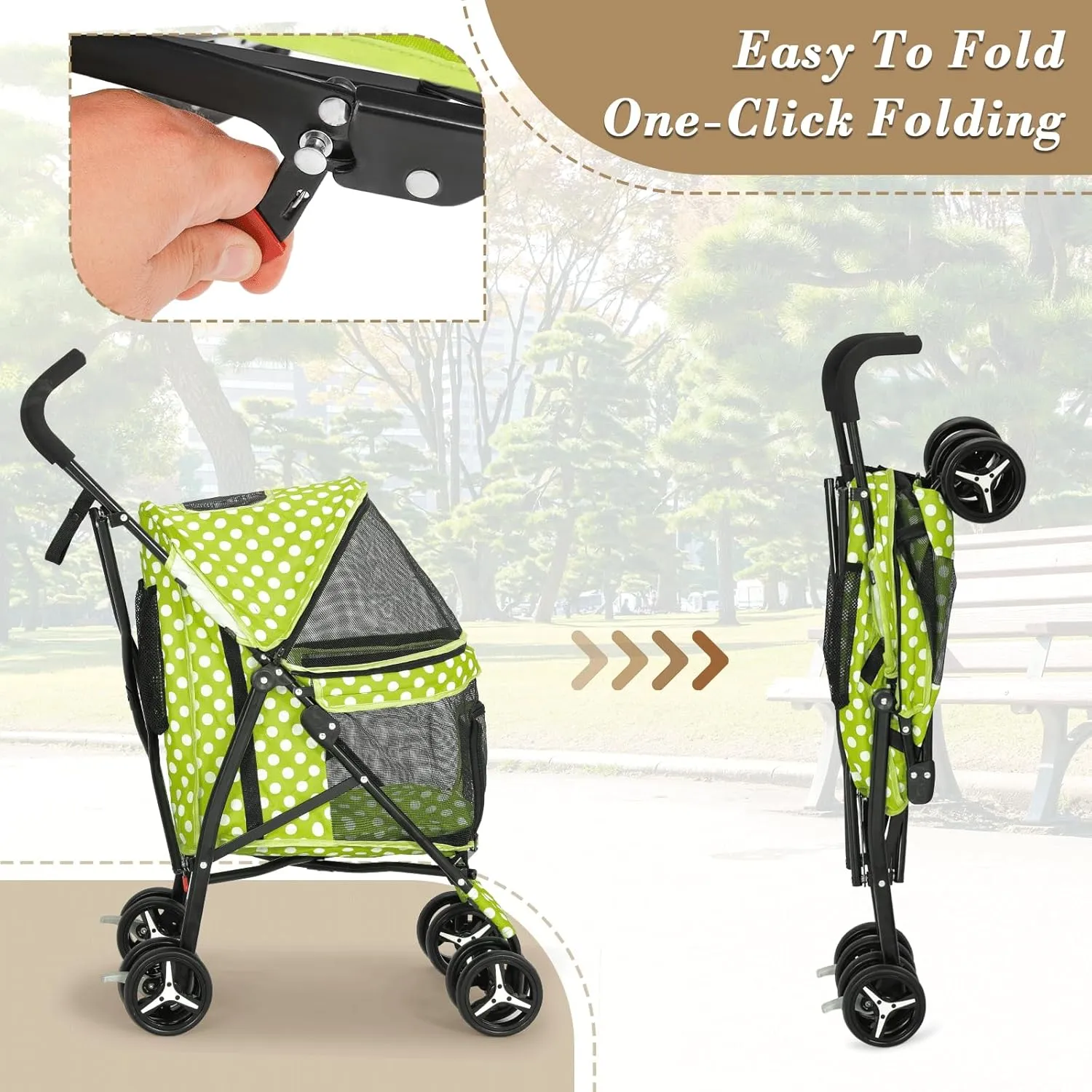 Athena Collection 4 Wheels Pet Stroller,Dog Stroller for Medium Dogs 22 Lbs Puppy Cat Stroller Pet Cart Pet Gear with Back Pocket, Sun Shade, Green with Polka-dot