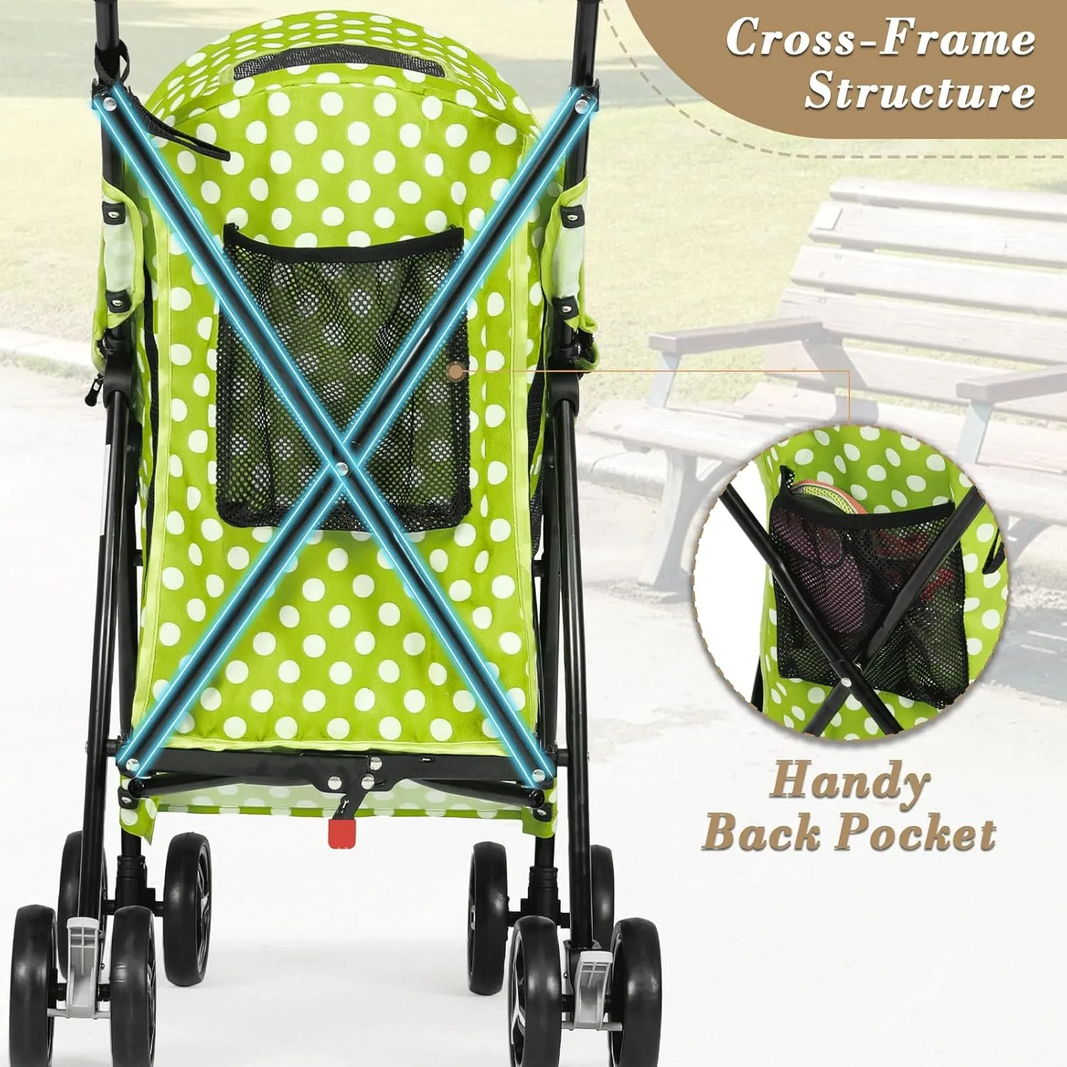 Athena Collection 4 Wheels Pet Stroller,Dog Stroller for Medium Dogs 22 Lbs Puppy Cat Stroller Pet Cart Pet Gear with Back Pocket, Sun Shade, Green with Polka-dot