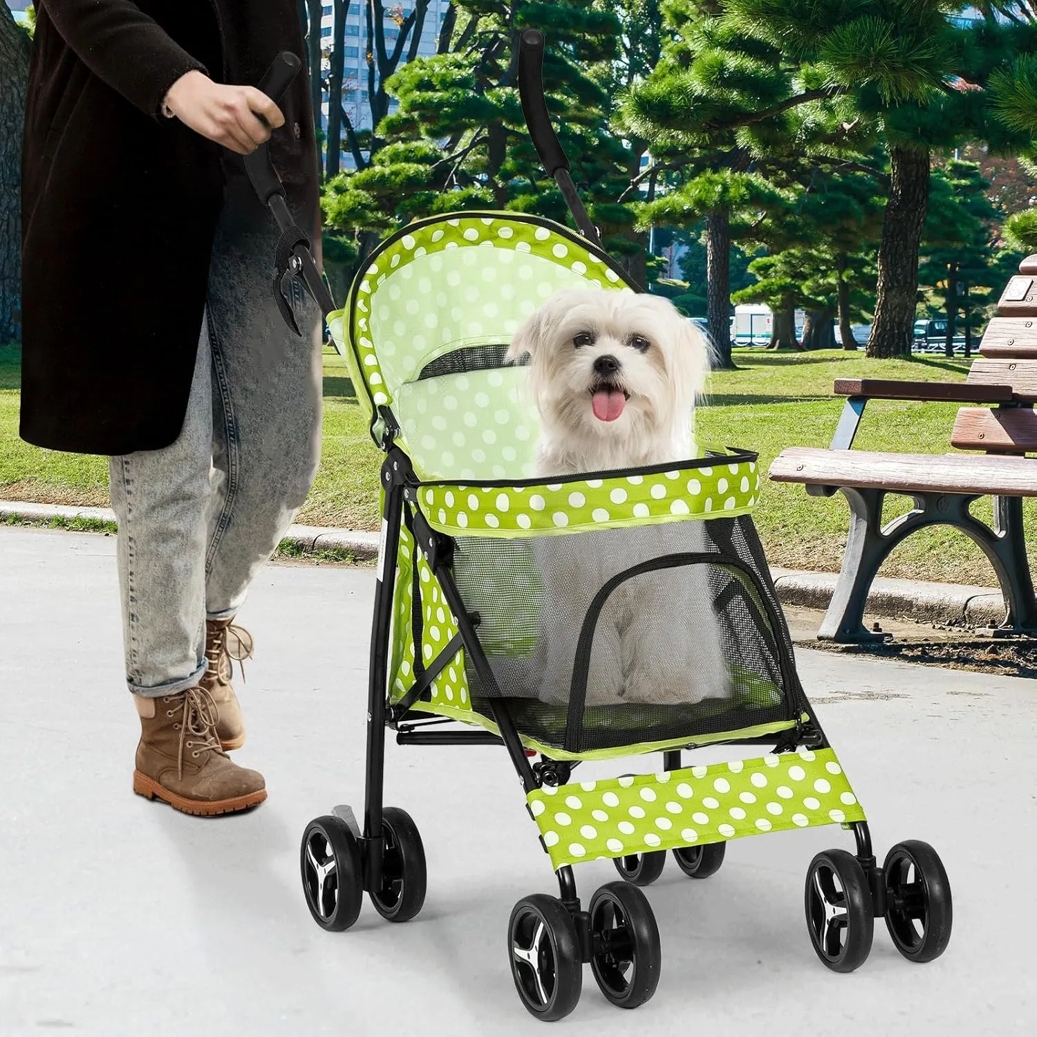 Athena Collection 4 Wheels Pet Stroller,Dog Stroller for Medium Dogs 22 Lbs Puppy Cat Stroller Pet Cart Pet Gear with Back Pocket, Sun Shade, Green with Polka-dot