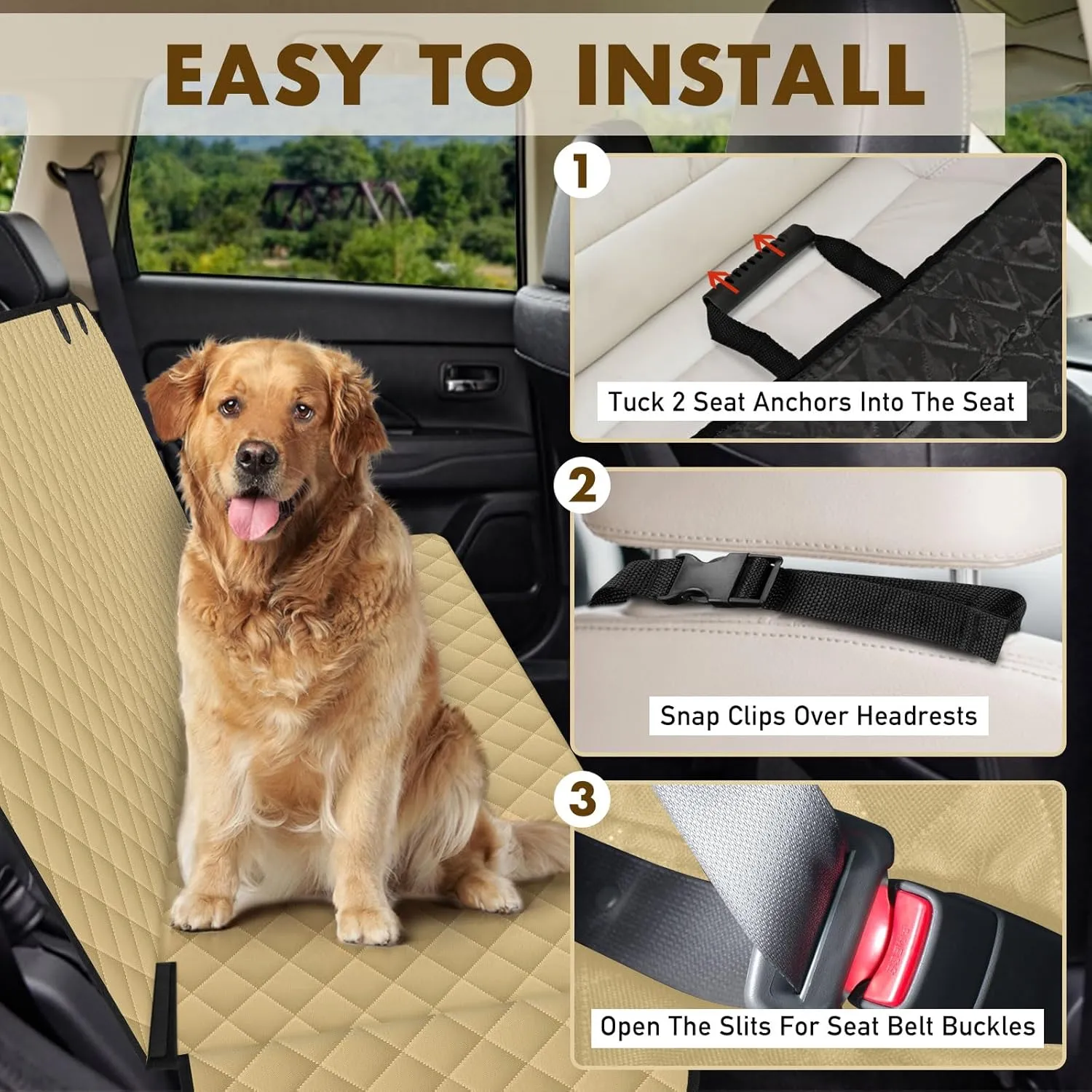 Backseat Cover for Dogs, Waterproof and Non-Slip Pet Bench Seat Covers, Car Seat Protector for Back Seat, Universal Size Rear Car Seat Cover Fits Cars, Trucks and SUVs, Khaki&Black