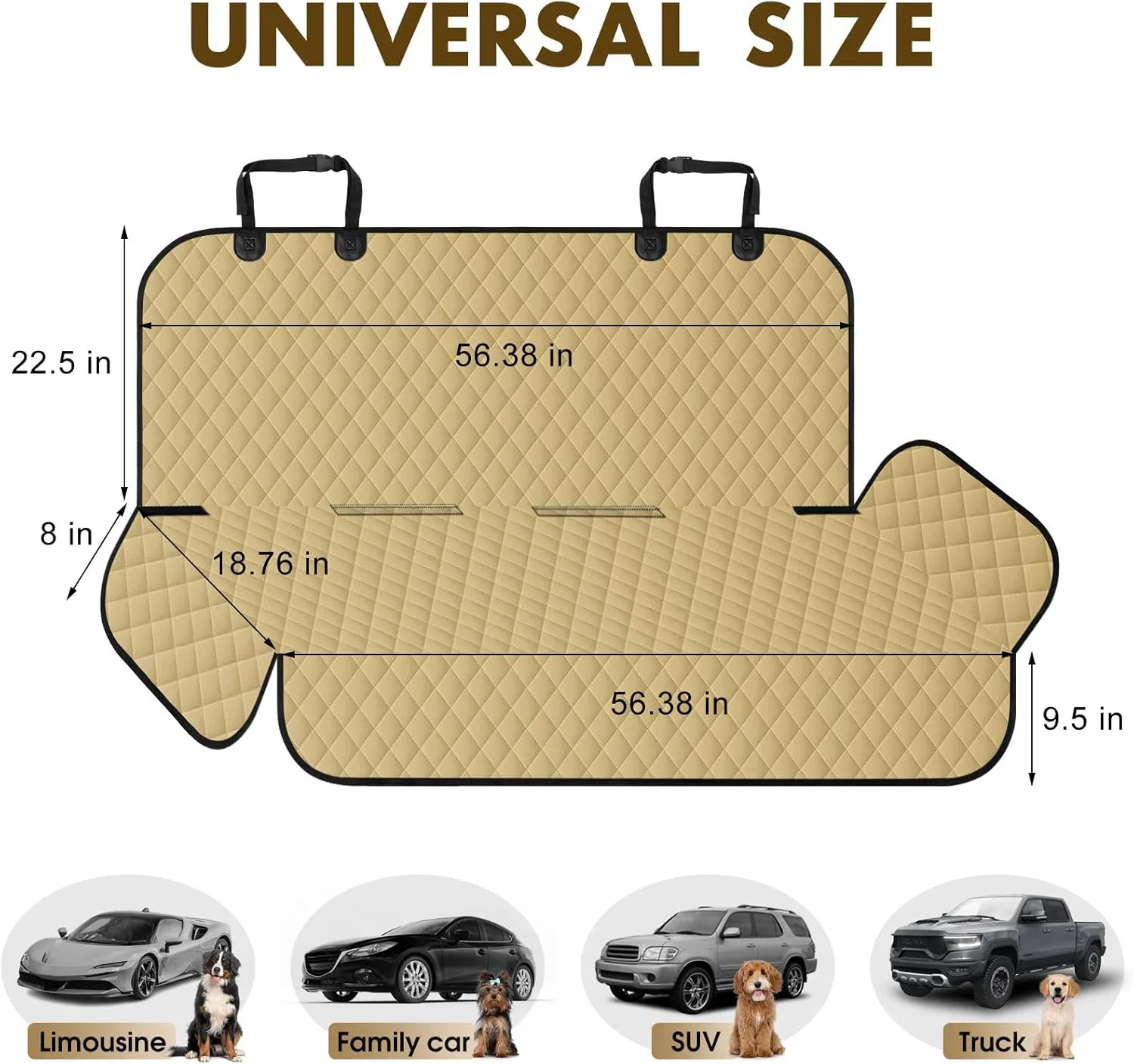 Backseat Cover for Dogs, Waterproof and Non-Slip Pet Bench Seat Covers, Car Seat Protector for Back Seat, Universal Size Rear Car Seat Cover Fits Cars, Trucks and SUVs, Khaki&Black