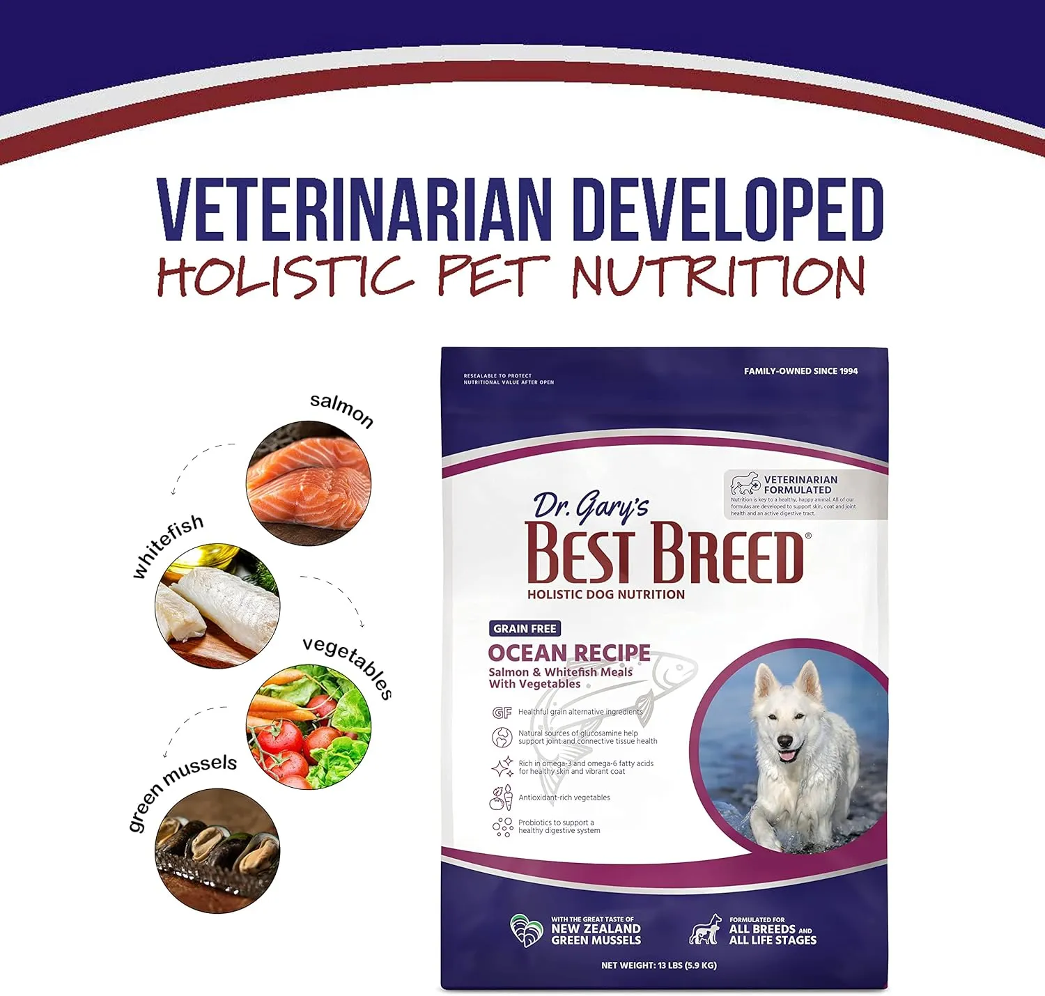 Best Breed Dr. Gary's Grain Free Ocean Recipe Slow-Cooked in USA, Natural Dry Dog Food for All Breeds and Sizes, 26lbs.