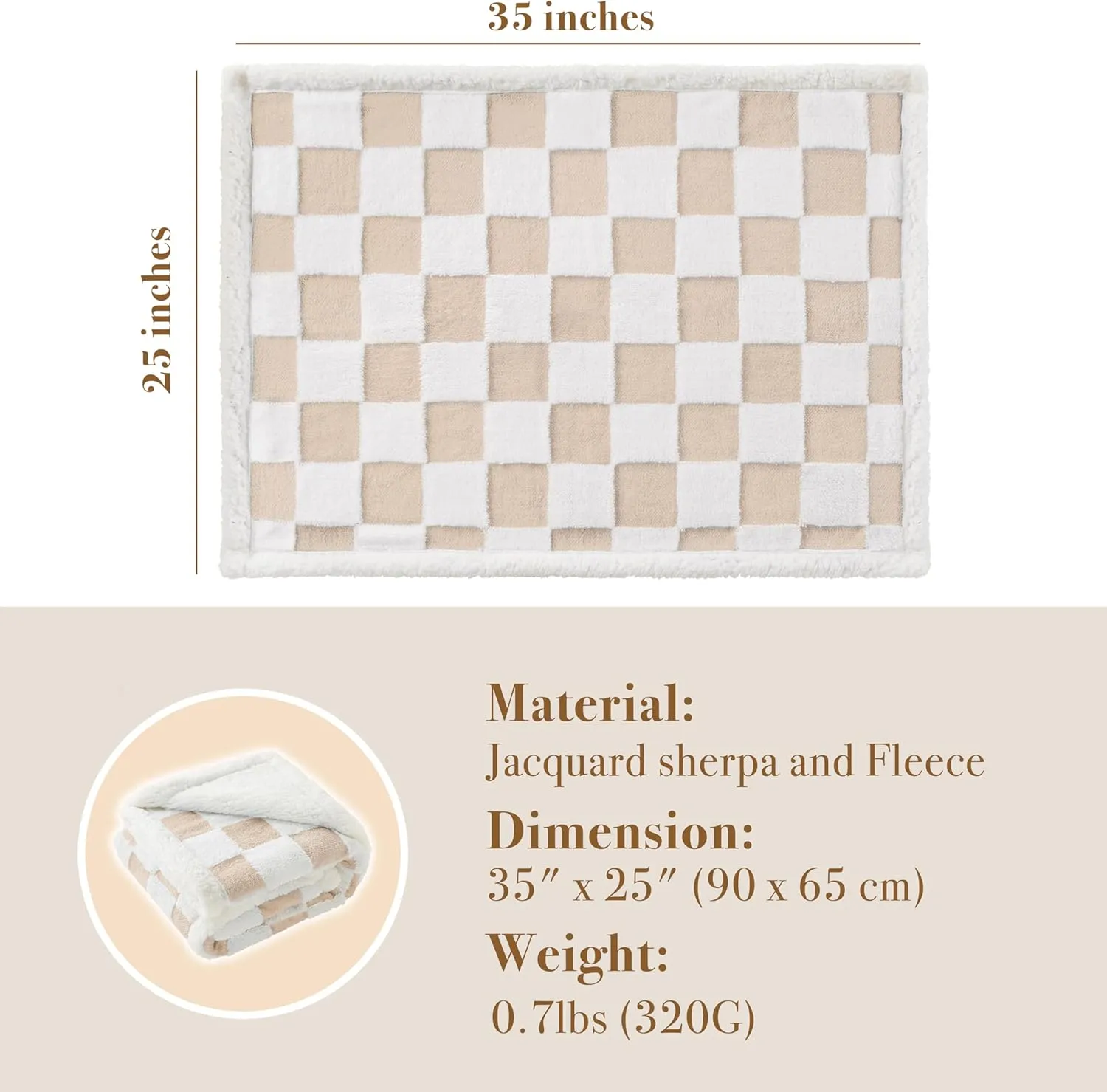 Checkered Dog Blanket, Beige Khaki Jacquard Sherpa Blankets for Small Dog and Cats, Cute Aesthetic Style Fluffy Fleece Pets Blanket for Couch Protection Washable, 25"x35"