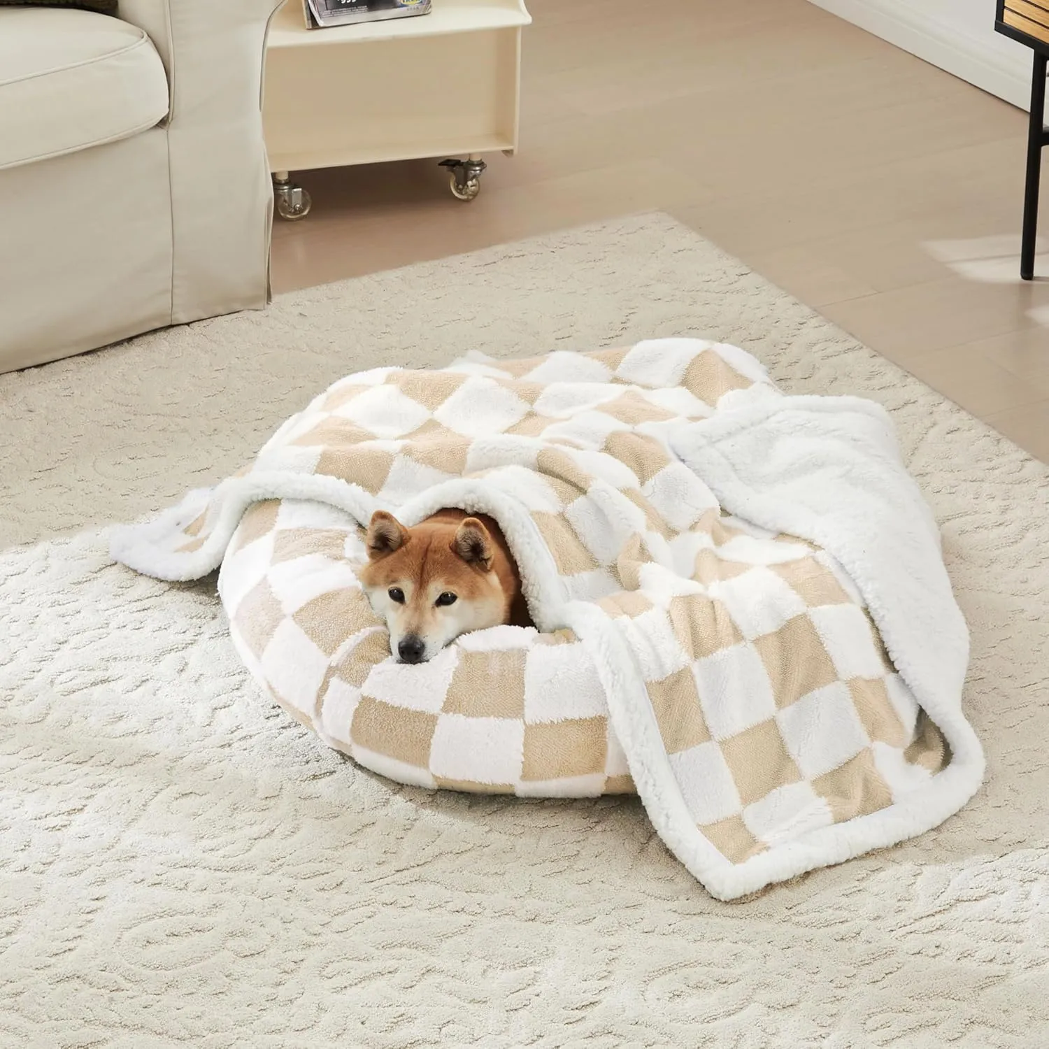 Checkered Dog Blanket, Beige Khaki Jacquard Sherpa Blankets for Small Dog and Cats, Cute Aesthetic Style Fluffy Fleece Pets Blanket for Couch Protection Washable, 25"x35"