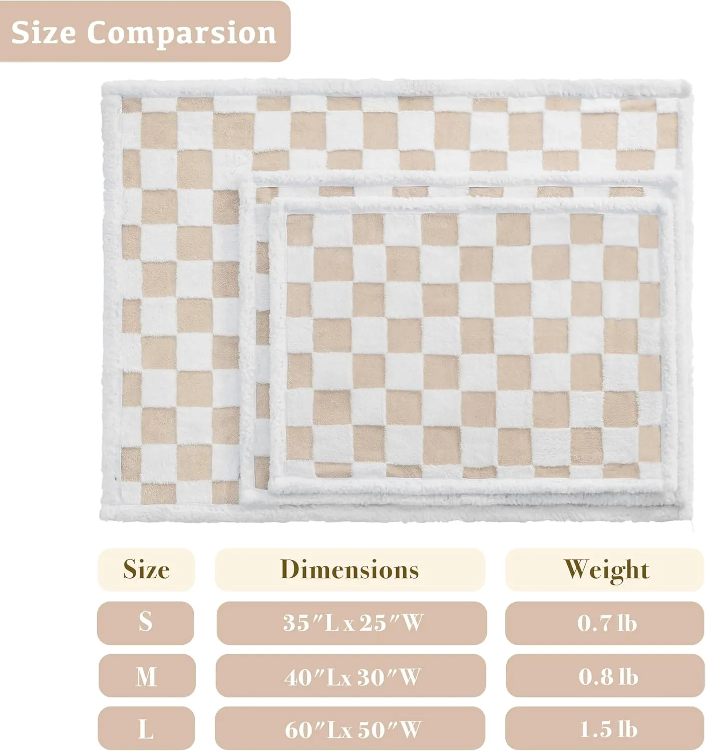 Checkered Dog Blanket, Beige Khaki Jacquard Sherpa Blankets for Small Dog and Cats, Cute Aesthetic Style Fluffy Fleece Pets Blanket for Couch Protection Washable, 25"x35"