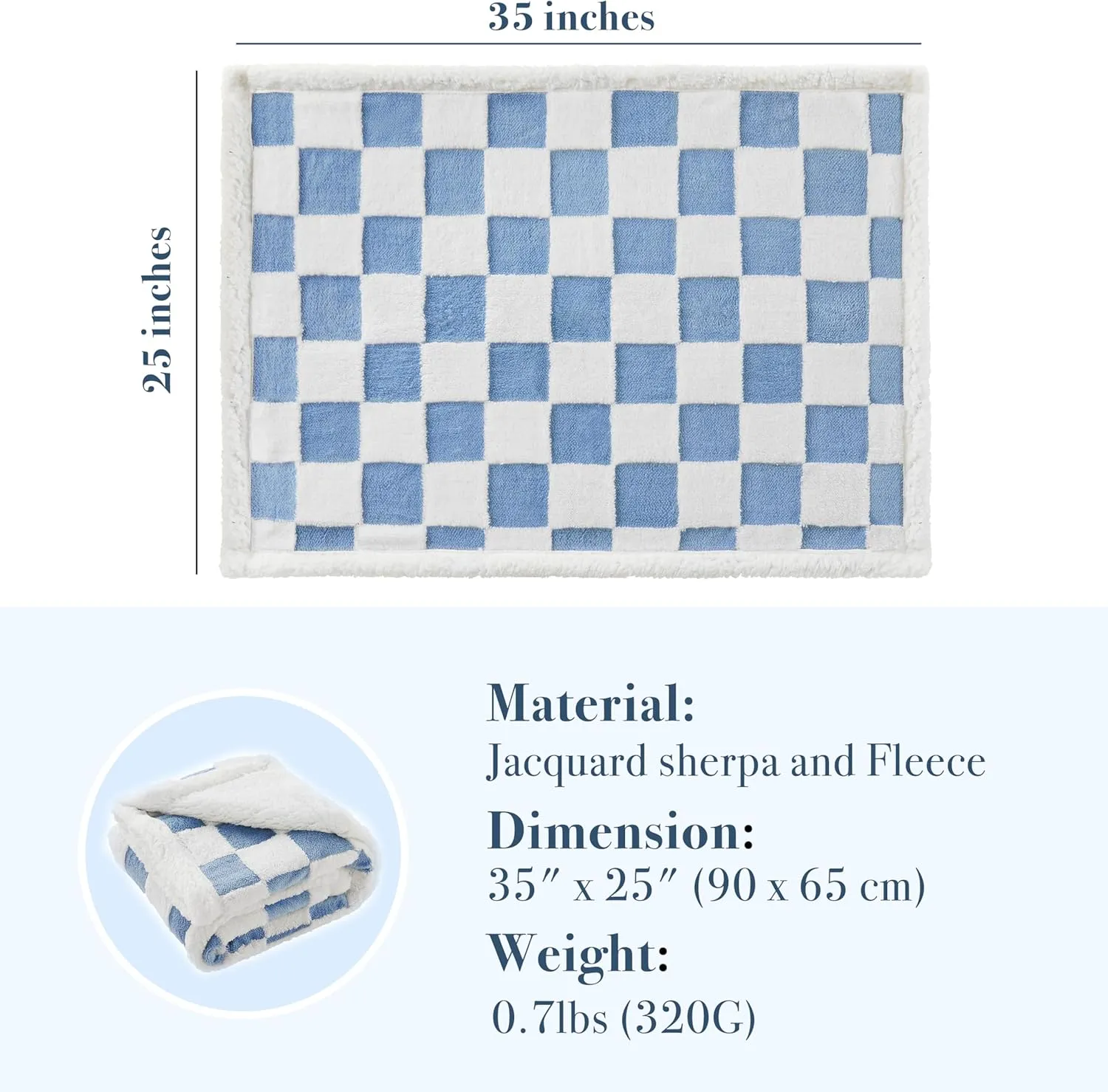 Checkered Dog Blanket, Blue Jacquard Sherpa Blanket for Small Dog and Cats, Cute Aesthetic Style Fluffy Fleece Pets Blanket for Couch Protection Washable, 25"x35"