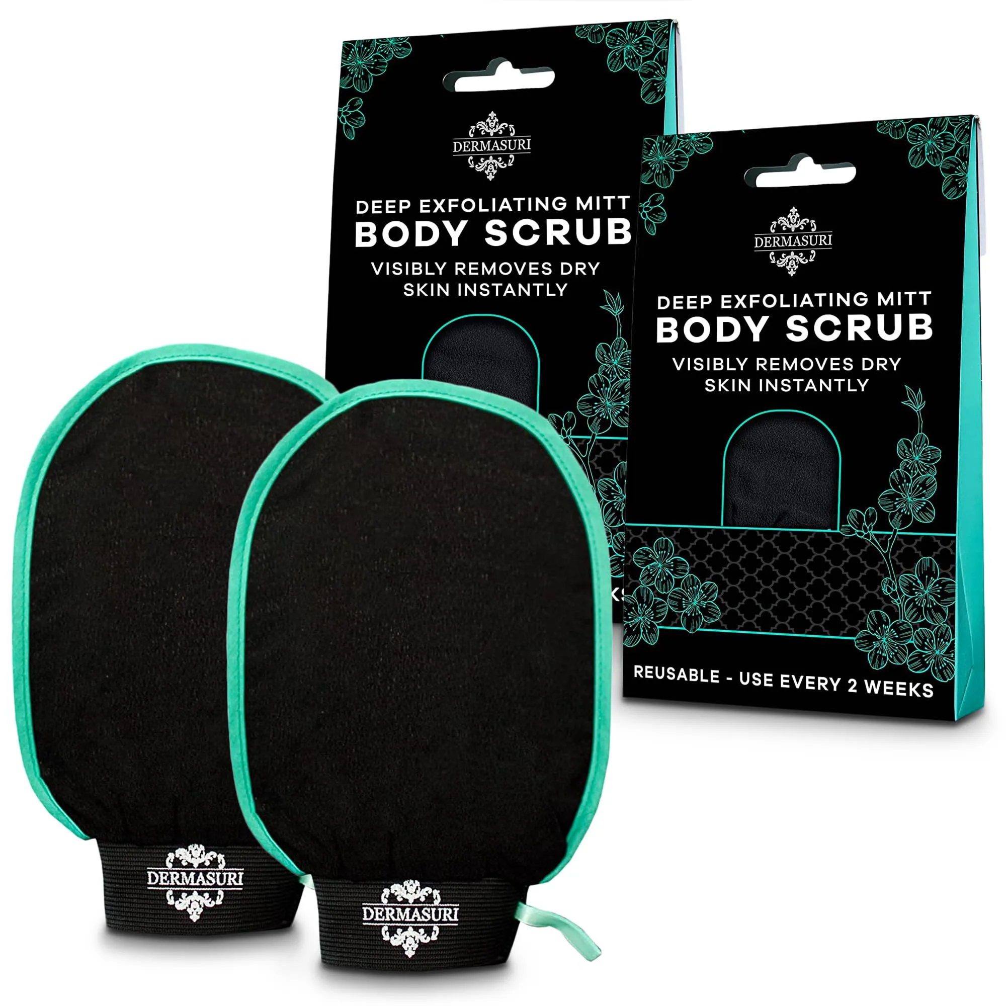 Dermasuri Deep Exfoliating Glove for Shower - Exfoliating Mitt Body Scrubber - Skin Exfoliator & Dead Skin Remover - Keratosis Pilaris Scrub - Spray Tan Remover - Korean Skincare for Body (2 Pack)