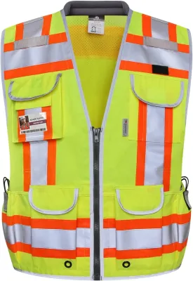 Dib Safety Reflective Vest Heavy Duty, High Visibility Two Tone Engineer Vest, Made with 3M Tape, Padded Collar, Retractable ID Pocket, Yellow 2XL