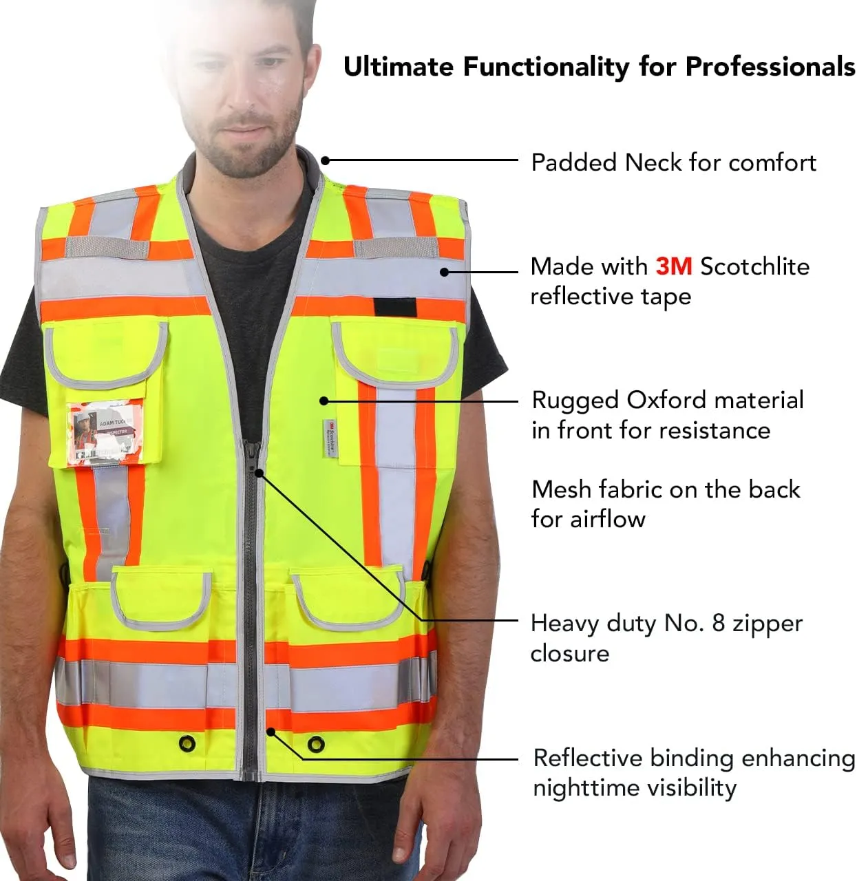 Dib Safety Reflective Vest Heavy Duty, High Visibility Two Tone Engineer Vest, Made with 3M Tape, Padded Collar, Retractable ID Pocket, Yellow 2XL