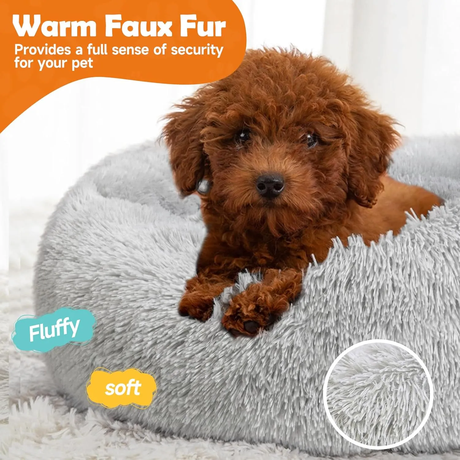Dog Ded,Cat Beds for Indoor Cats,Washable Donut and Cat Bed,Soft Plush Pet Cushion,Waterproof Bottom Fluffy Calming Self-Warming Bed Sleep ImprovementLight Gray 31.5IN