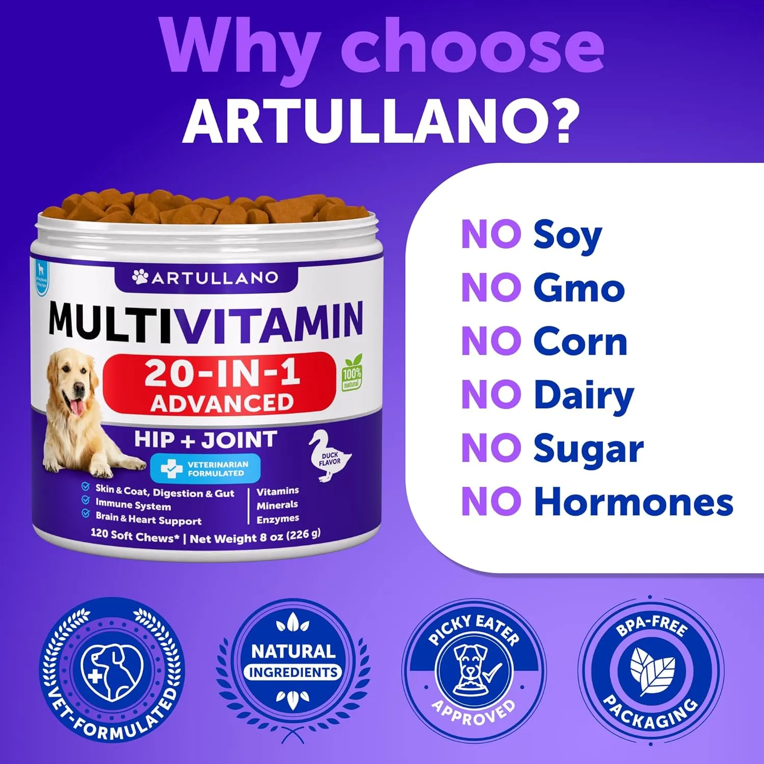 Dog Multivitamin Chewable with Glucosamine 20 in 1 - Dog Vitamins and Supplements - Senior & Puppy Multivitamin for Dogs - Pet Joint Support Health - Immunity, Mobility, Gut Skin - 120 Chews