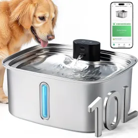 Dog Water Bowl Dispenser Large,10L Dog Water Fountains with APP Monitoring, Pet Cat Water Fountain Stainless Steel, Safe Multi-Filtered Automatic Water Dispenser for Dogs 2.4G Wi-Fi 2.64Gal/338 Oz