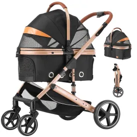 EchoSmile 4 in 1 Pet Stroller, Folding Lightweight Cat & Dog Stroller with Detachable Carrier, NO-Zip 180 Reversible Canopy, All Terrain 4-Wheel,45 lbs Capacity for Small to Medium Dogs