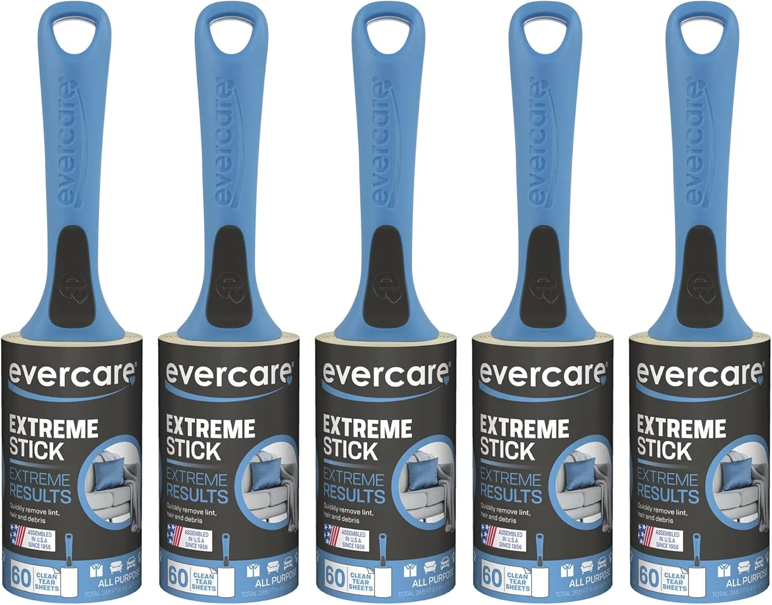 Evercare All Purpose Lint Brush, Value Pack - 5 Rollers (300 Sheets Total), Blue
