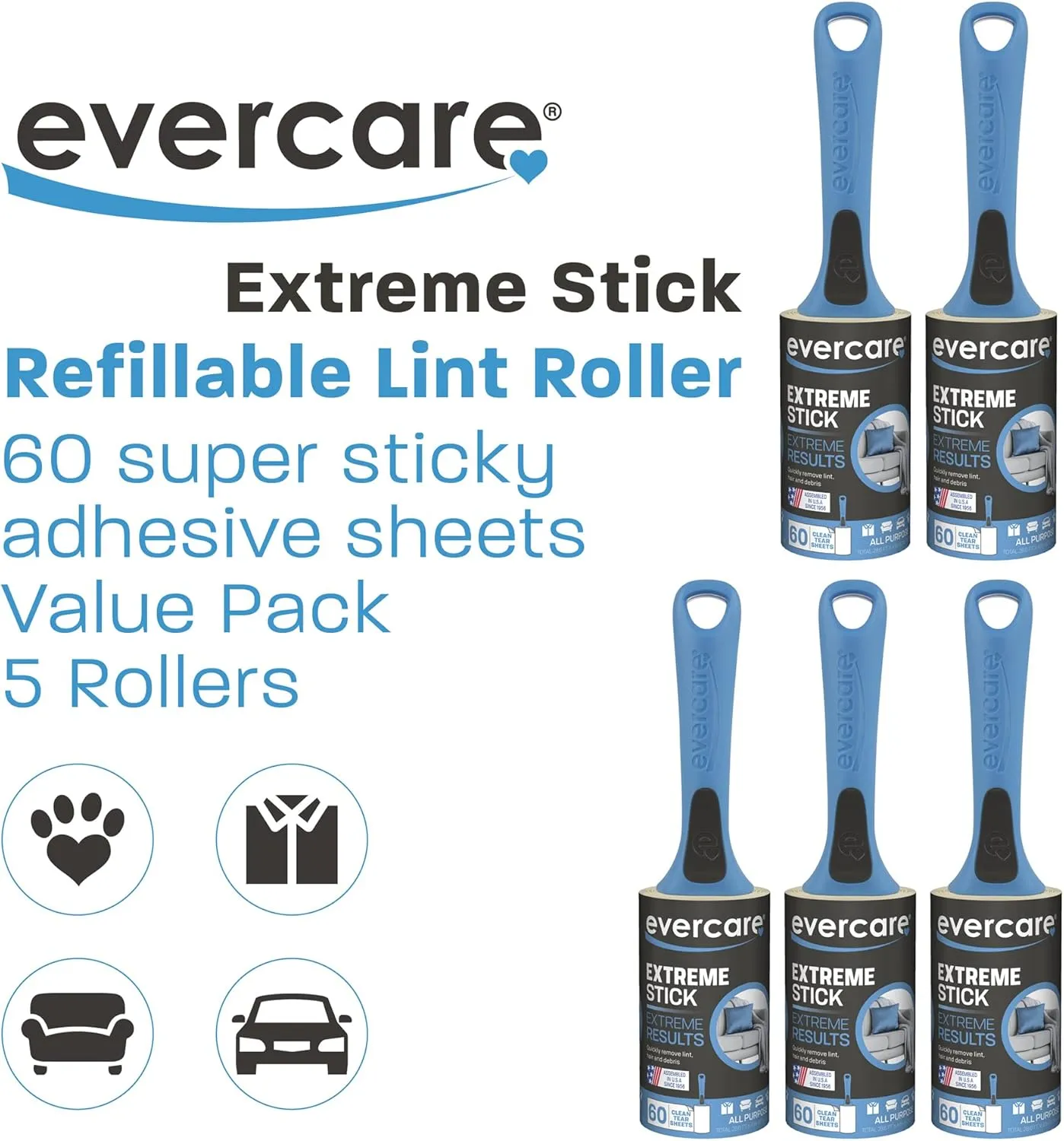 Evercare All Purpose Lint Brush, Value Pack - 5 Rollers (300 Sheets Total), Blue