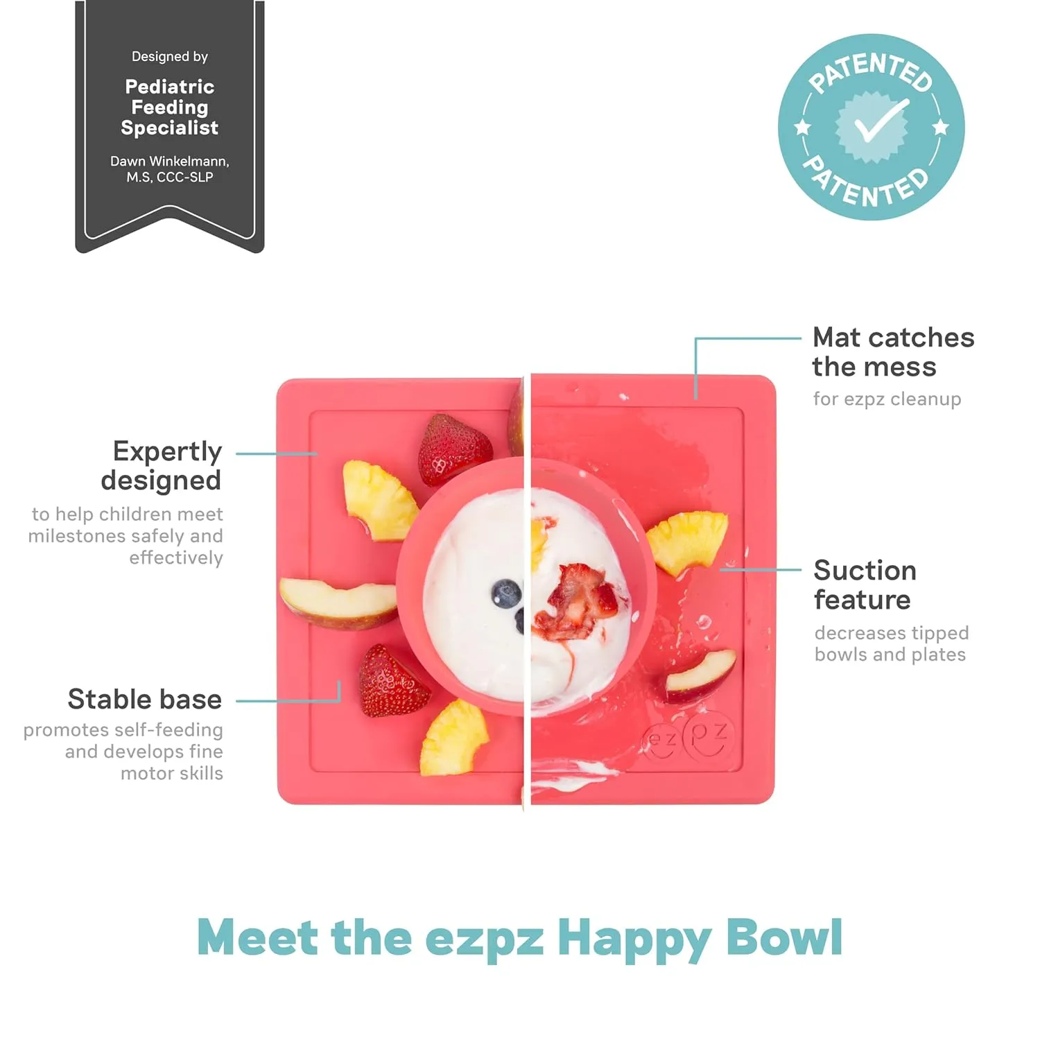 ezpz Happy Bowl - 24 Months   (Coral) - 100% Silicone Suction Bowl with Built-in Placemat  Dishwasher Safe