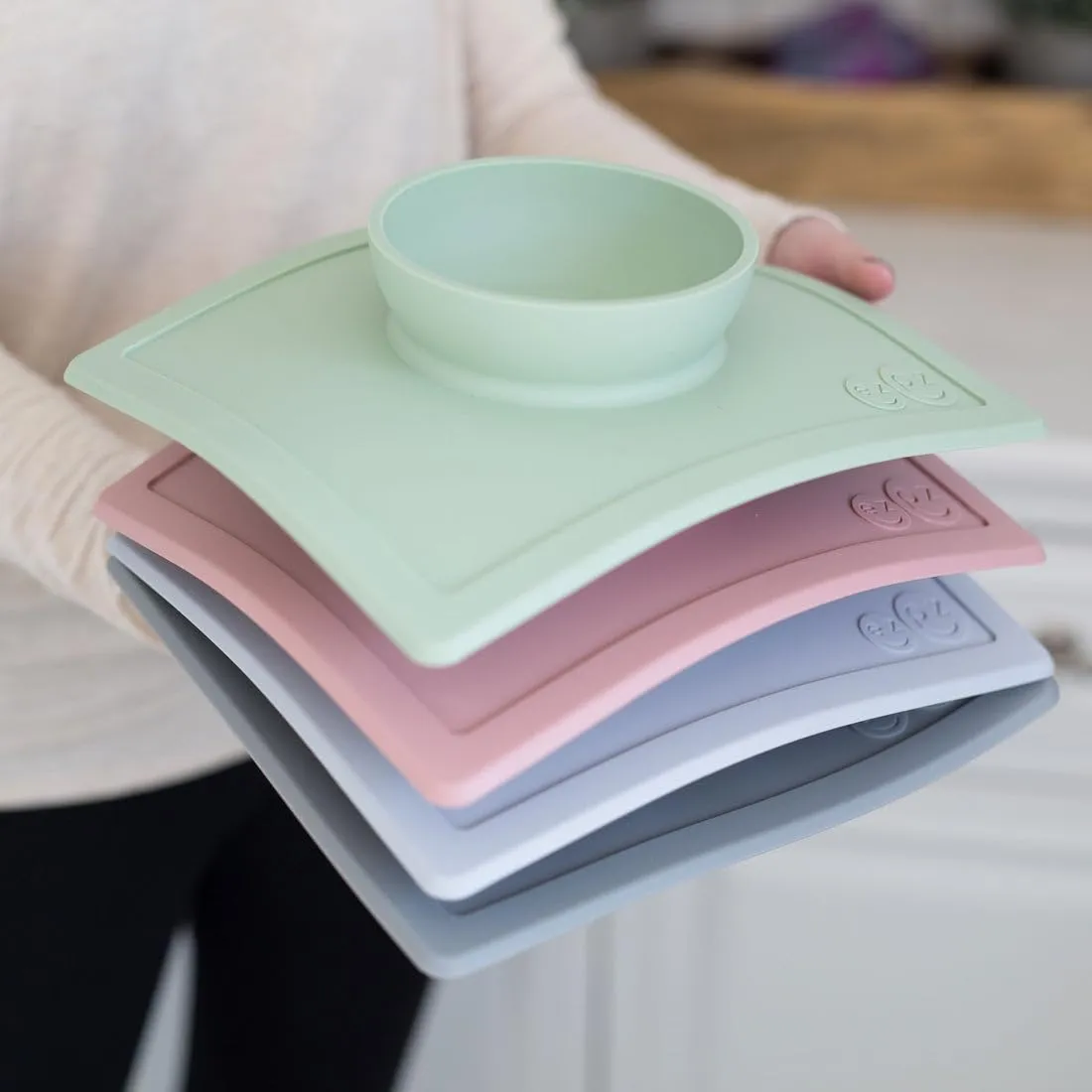 ezpz Happy Bowl - 24 Months   (Sage) - 100% Silicone Suction Bowl with Built-in Placemat  Dishwasher Safe