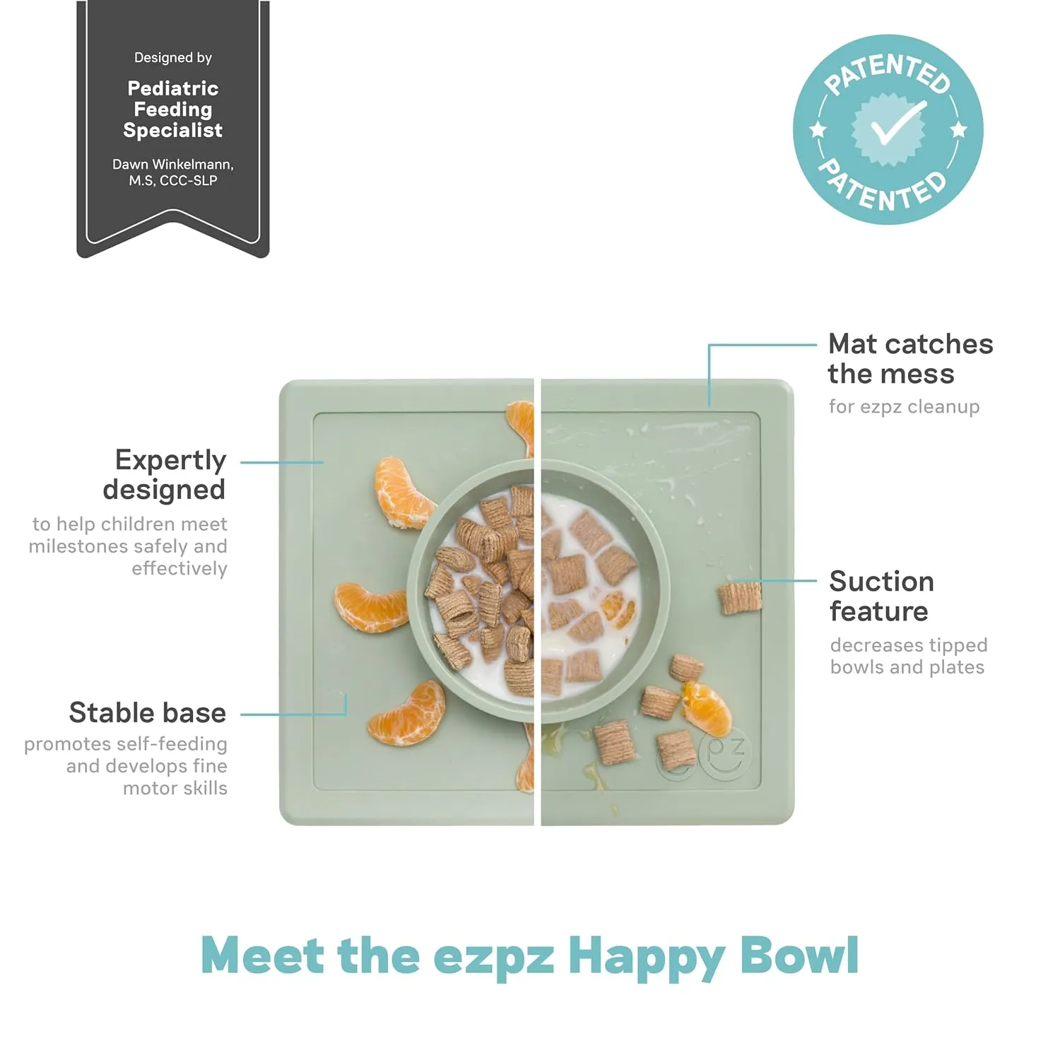 ezpz Happy Bowl - 24 Months   (Sage) - 100% Silicone Suction Bowl with Built-in Placemat  Dishwasher Safe