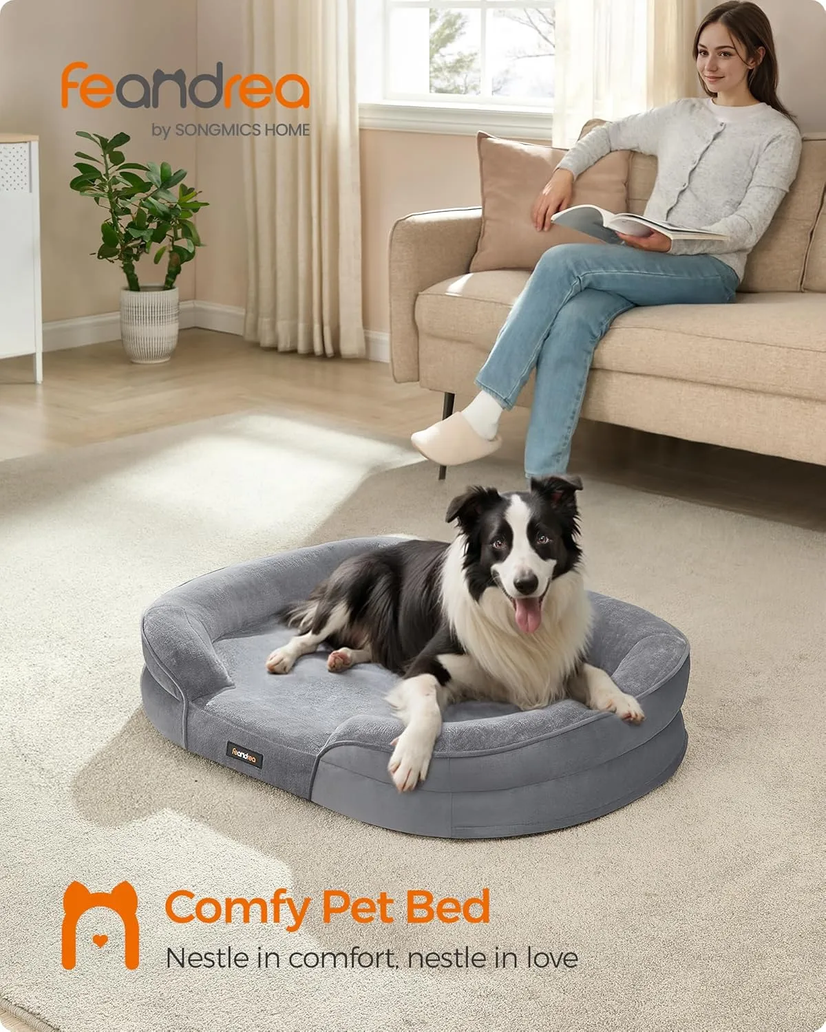 Feandrea Dog Bed, Large Orthopaedic Dog Sofa Bed, 36 x 27 x 7 Inches, Egg Crate Foam, Waterproof Liner, Raised Edges, Removable and Machine Washable Cover, Non-Slip, Light Gray UPGW282G01