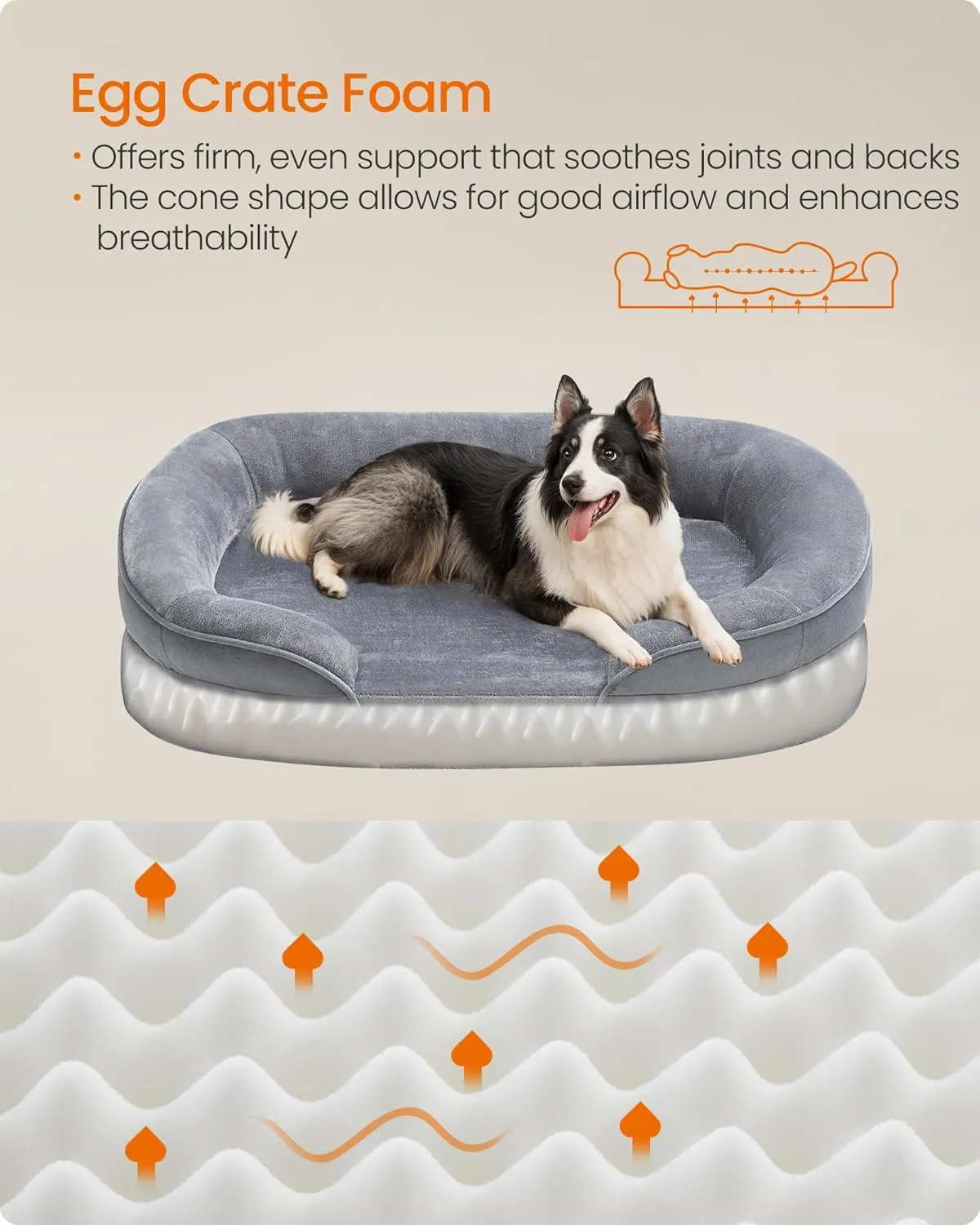 Feandrea Dog Bed, Large Orthopaedic Dog Sofa Bed, 36 x 27 x 7 Inches, Egg Crate Foam, Waterproof Liner, Raised Edges, Removable and Machine Washable Cover, Non-Slip, Light Gray UPGW282G01