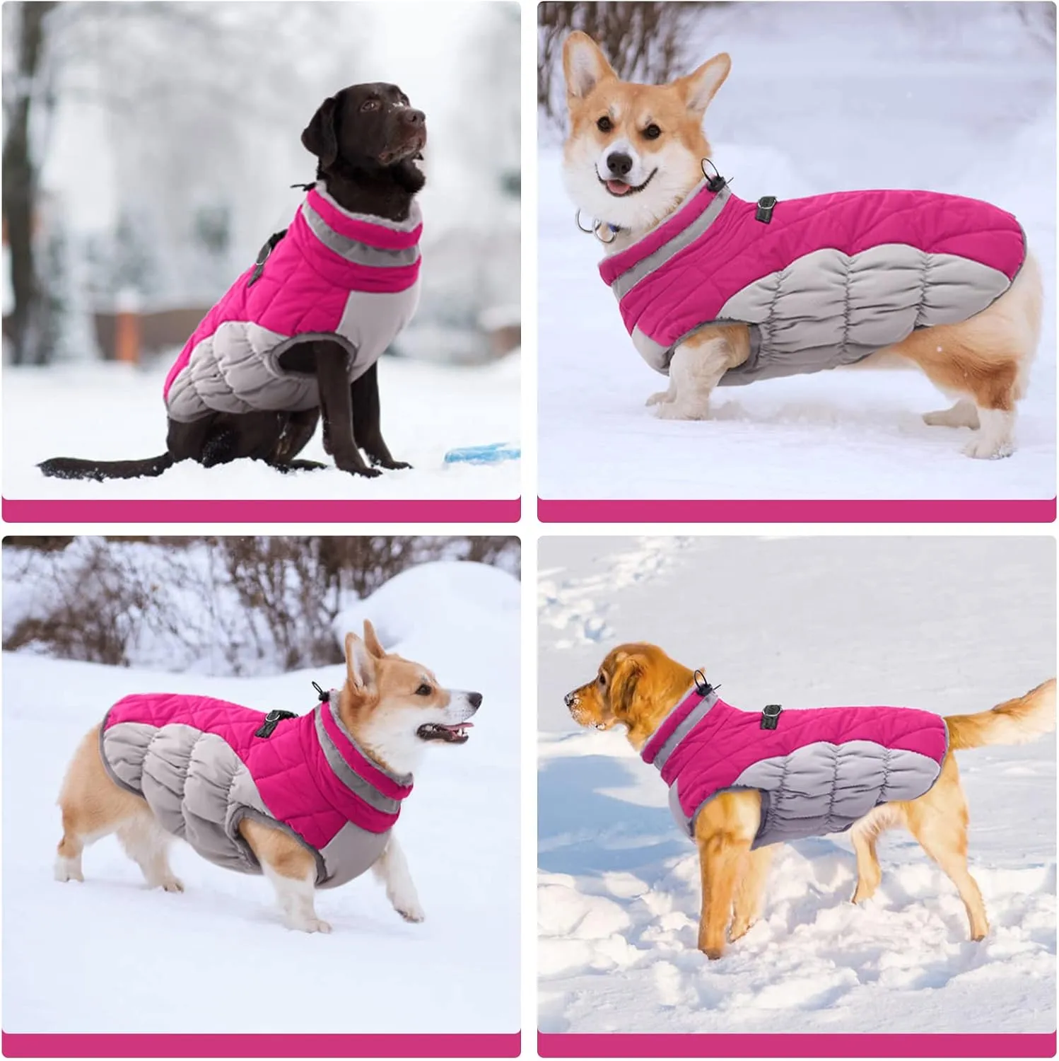 FUAMEY Dog Coat - Warm Winter Jacket with Padded Fleece, Reflective, Waterproof & Windproof, Built-in Harness, Rose Red, Small