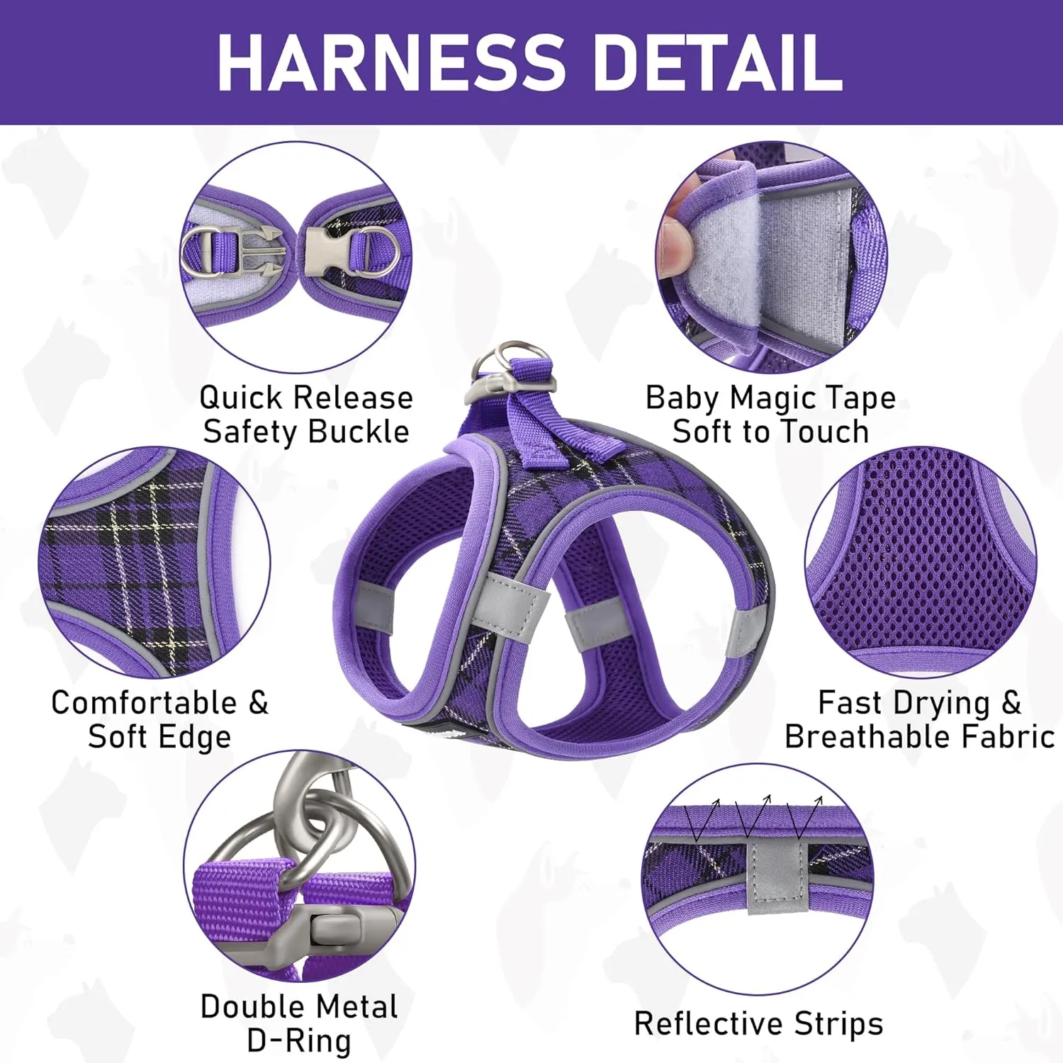 GAMUDA Small Dog Harness Collar and Leash Set, Step in No Chock No Pull Soft Mesh Adjustable Dog Vest Harnesses Plaid Reflective for Dogs Puppy Cats Kitten Rabbit (Purple, S)