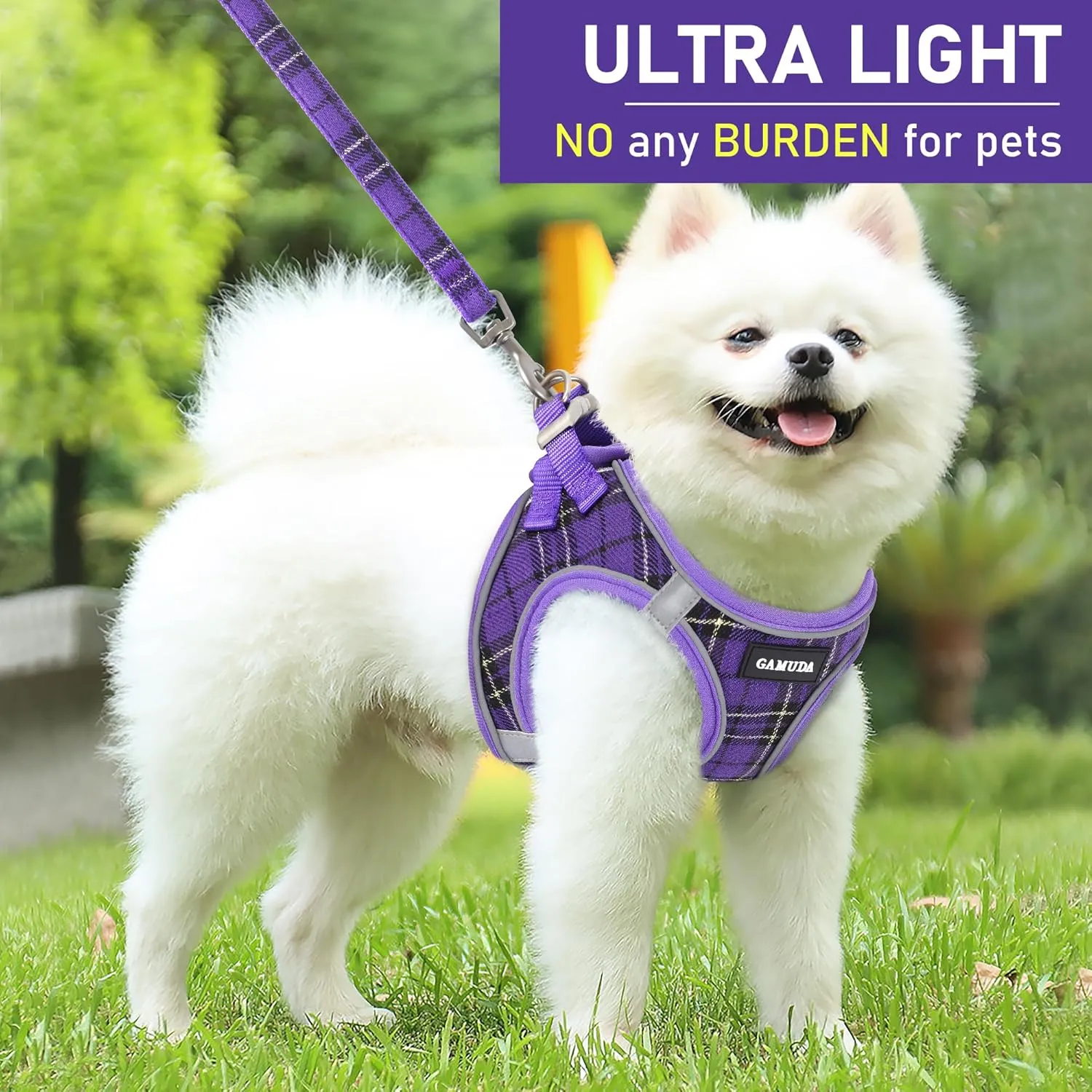 GAMUDA Small Dog Harness Collar and Leash Set, Step in No Chock No Pull Soft Mesh Adjustable Dog Vest Harnesses Plaid Reflective for Dogs Puppy Cats Kitten Rabbit (Purple, S)