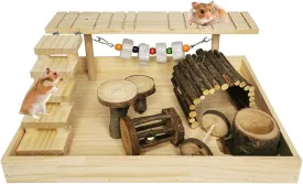 Hamiledyi Dwarf Hamster Activity Playground Natural Wood Gerbil Climbing Platform Mice Living Gym System Set Syrian Exercise Cage Accessories with Lava Stone String Chewing Toy Ladder Bridge Ramp