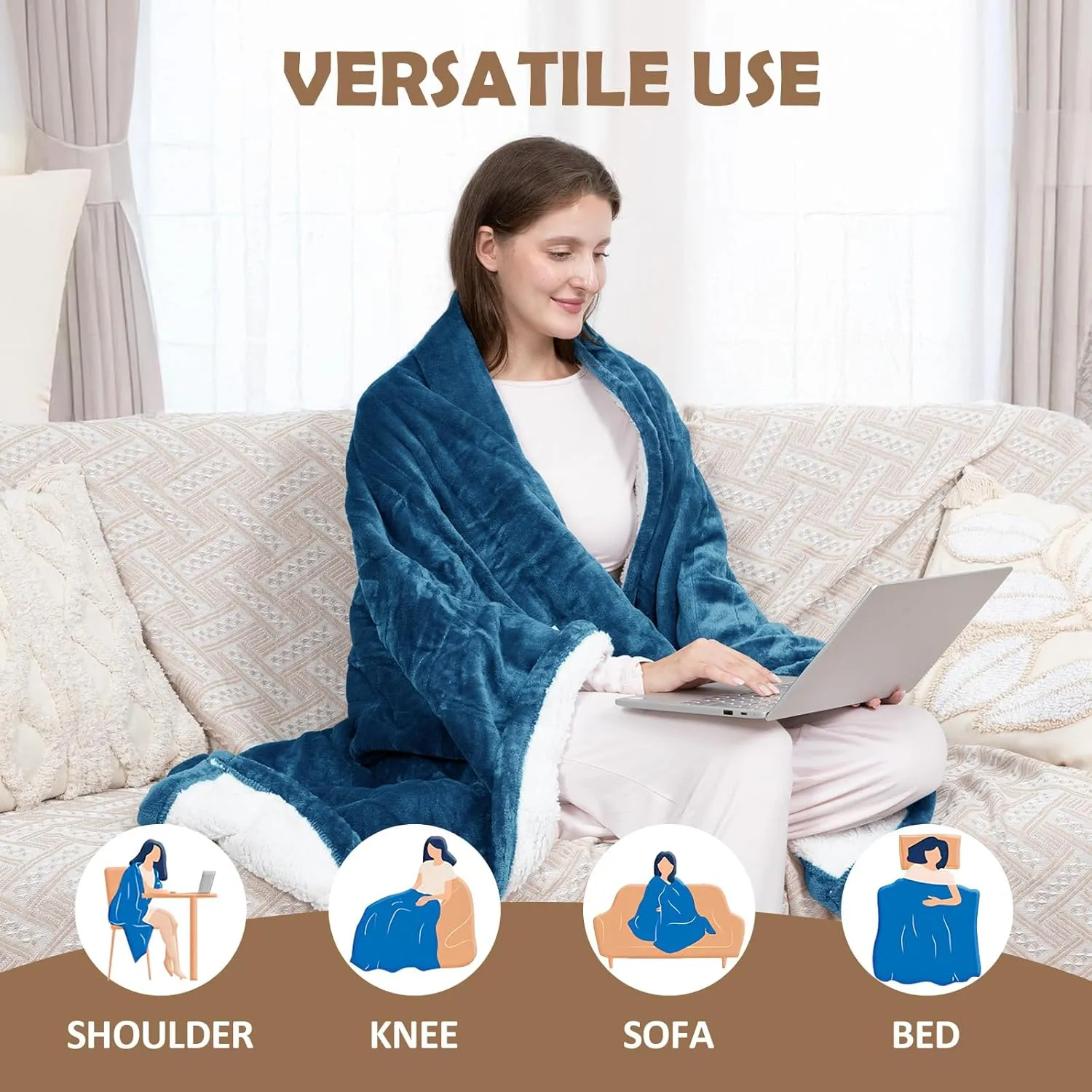 HOW'S MY HOUSE Heated Blanket Throw 50" x 60", Electric Blanket with 4 Time Settings & 6 Heating Levels, Over-Heat Protection, Flannel Sherpa Super Cozy with ETL Certification, Blue