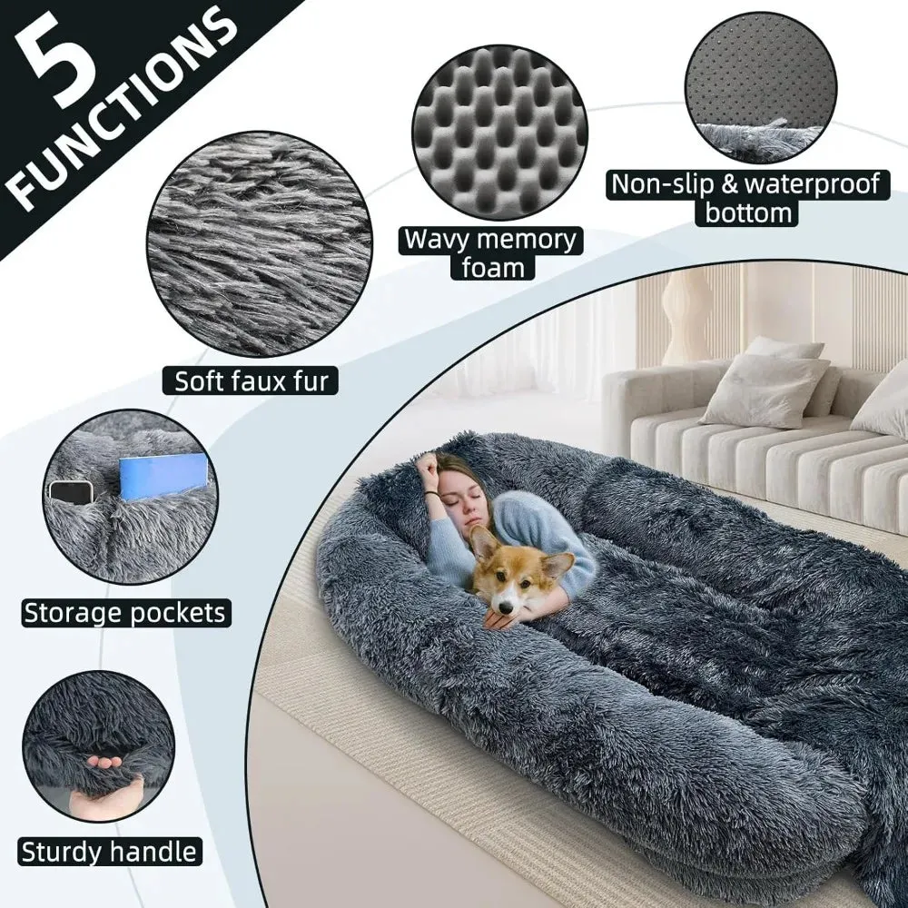 Large Human Dog Bed for Adults | 74.8"x47.3"x13.8" Human-Sized Dog Bed for People & Pets | Removable & Washable Faux Fur