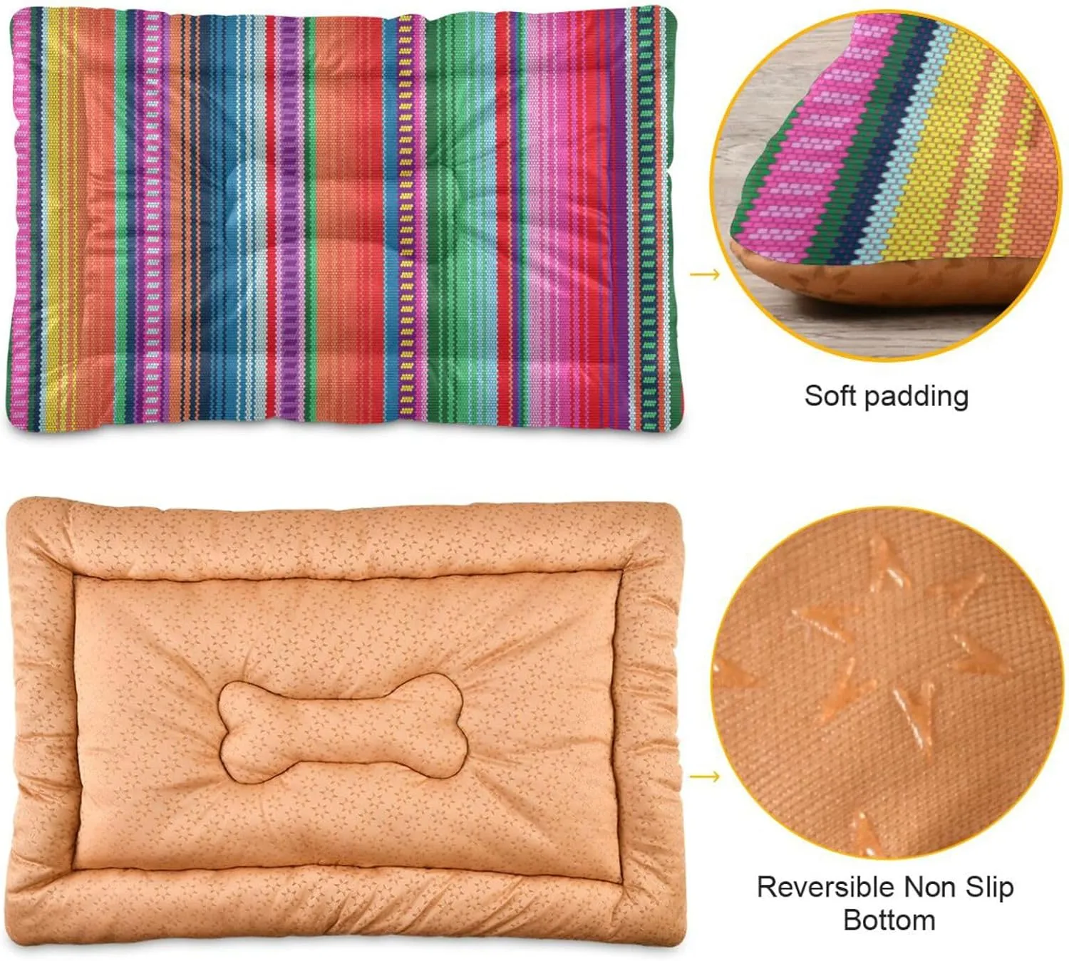 Mexican Blanket Stripes Crate Pet Bed, Portable Washable Dog Cat Mat, Soft Comfortable Pet Mattress with Non-Slip Bottom for Dogs Cats Sleeping, 36 x 24 Inch