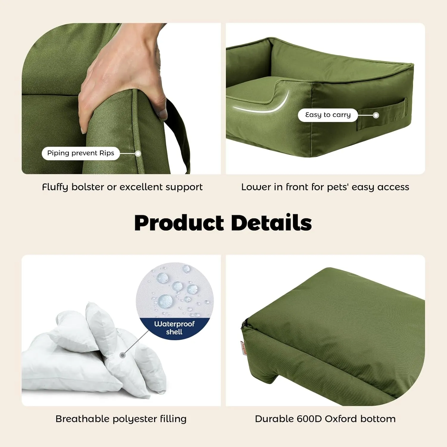 Miguel Outdoor Waterproof Cat Bed with Side, Oxford Durable Dog Bed for Small Dog Easy Clean, All Weather Rectangle Medium Pet Bed Bolster Tough Puppy Bed Scratch Resistant Removable Cover, 25 inches