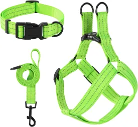 Mile High Life Night Reflective Double Adjustable Band Nylon Small Puppy Pet Dog Combo Collar Leash and Harness Set (Reflective Solid Lime Green, Mediun (Pack of 3))