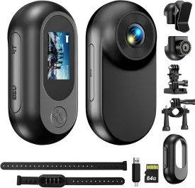 Mini Body Camera 64GB 1080P Tiny Cam Portable Thumb Action Camera Wearable Hands-Free POV Portable Video Recorder with Two Pets Collars Mount and Bicycle Mount Bracket for Cycling Pet Vlogging