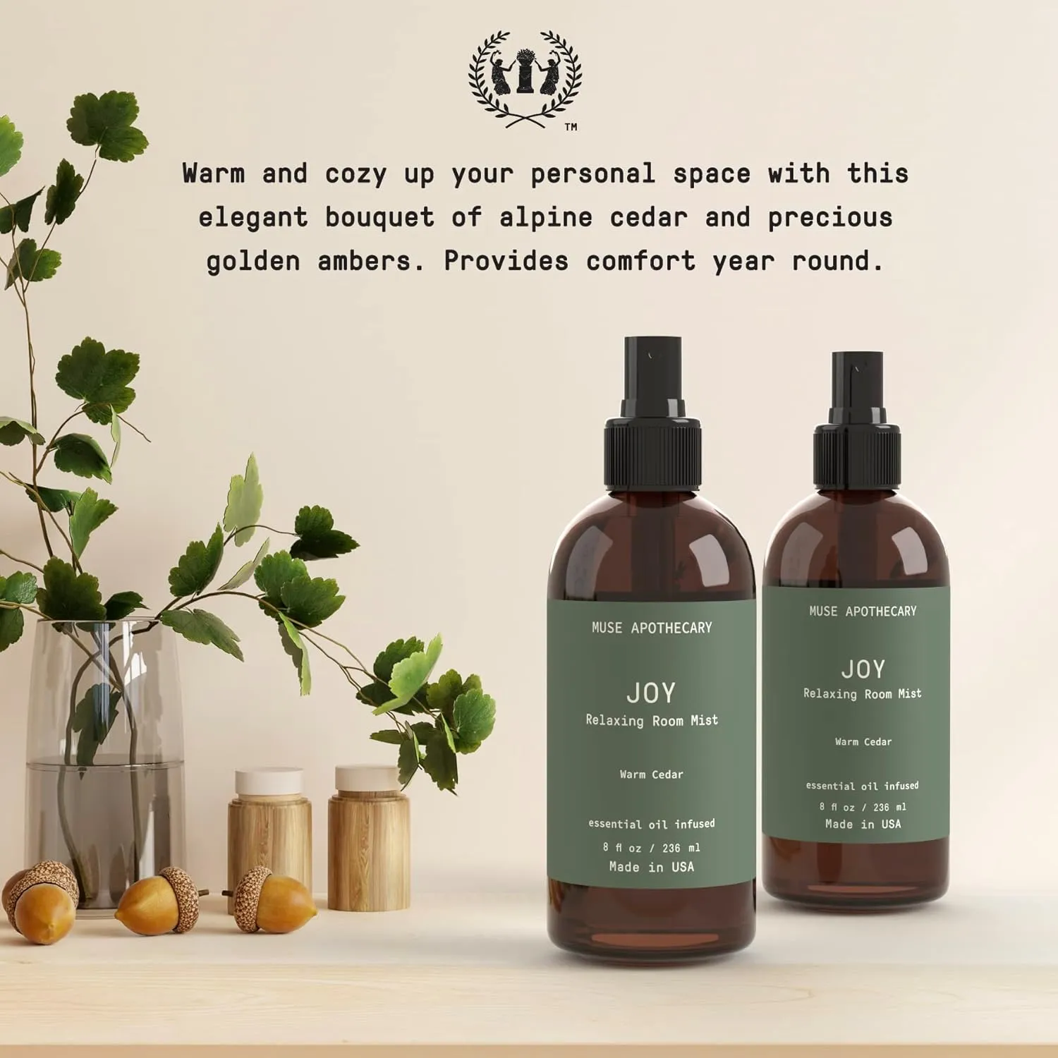 Muse Apothecary Room Ritual - Botanical Collection - Christmas Room Spray, Aromatic and Relaxing Room Mist, Air Freshener Spray, Infused with Natural Aromatherapy Essential Oils - 8 oz, Warm Cedar