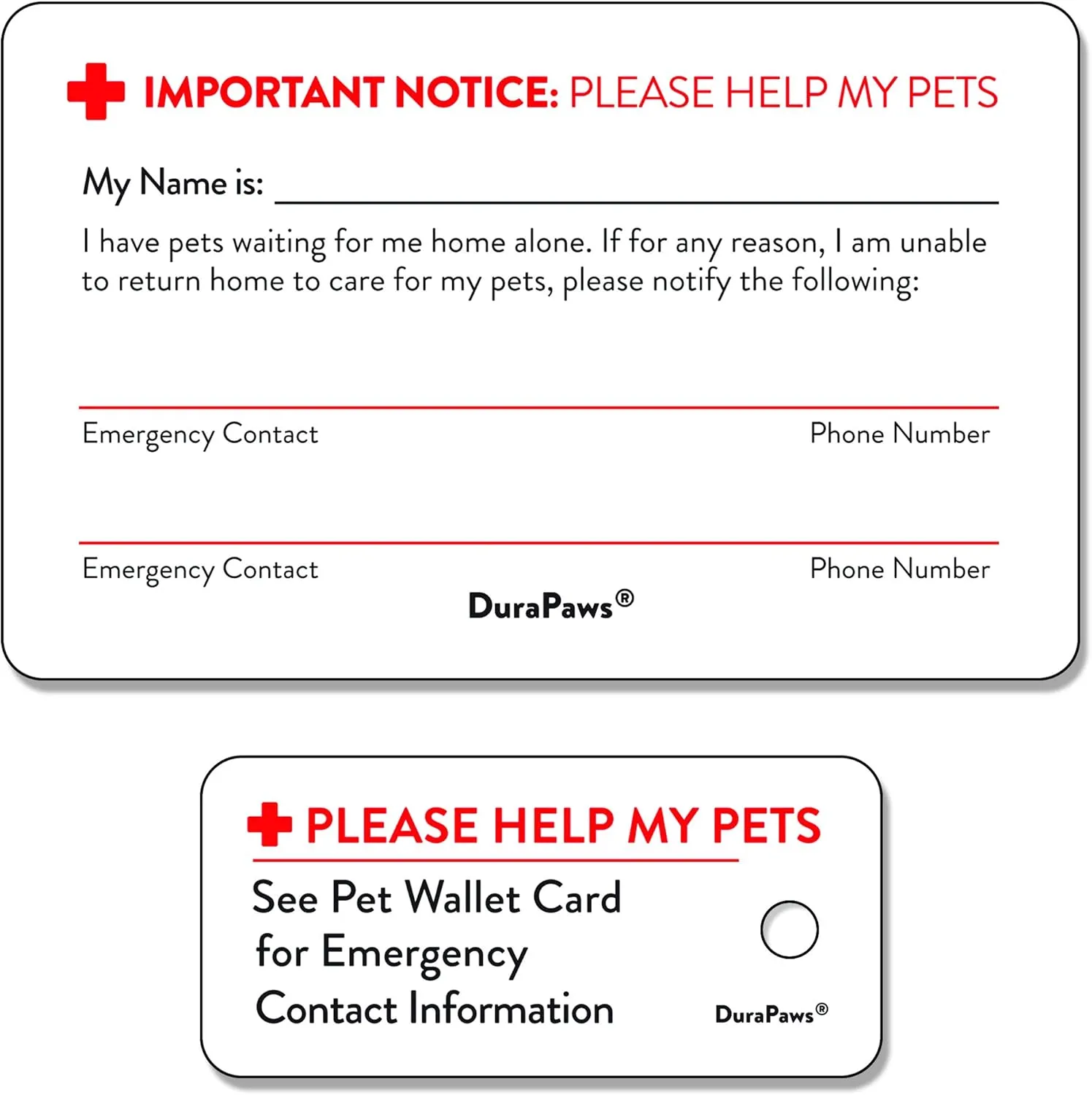 My Pets are Home Alone Emergency Alert Plastic Contact Wallet Card and Key Tag (Writable Surface on Back Side of Card)