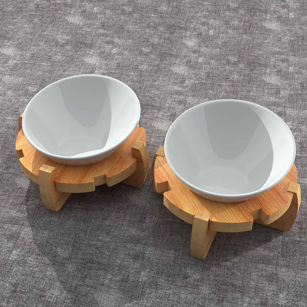 PAWS ASIA Amazon Best Sell Pet Bamboo Protect Cervical 15 Degree Tilted White Ceramic Dog Bowl
