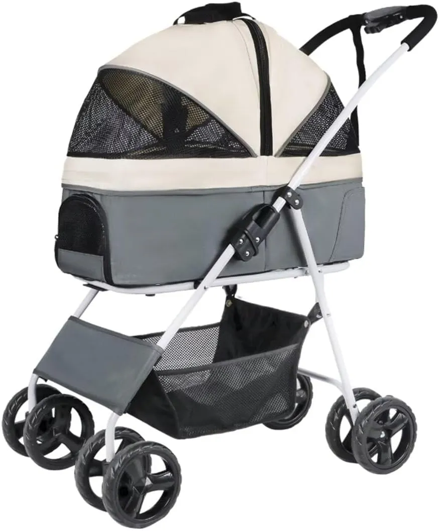 Pet Stroller with Zipped Canopy for Dogs and Cats to go Out,Detachable pet Trolley,Portable Cabin Bag,Foldable,4 Wheels Push cart with Swivel Front Wheel,Rear Wheel with Brakes