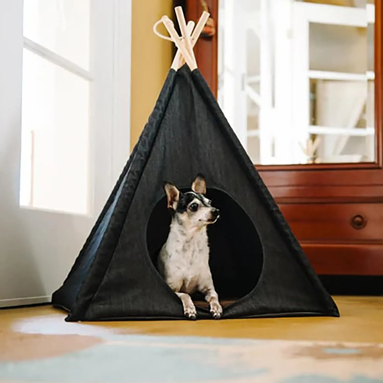 P.L.A.Y. Classic Cozy Cove Pet Teepee Tent for Dogs & Cats - Cotton Canvas Pet Bed House, Removable Pillow, Indoor/Outdoor, Machine Washable (Denim)